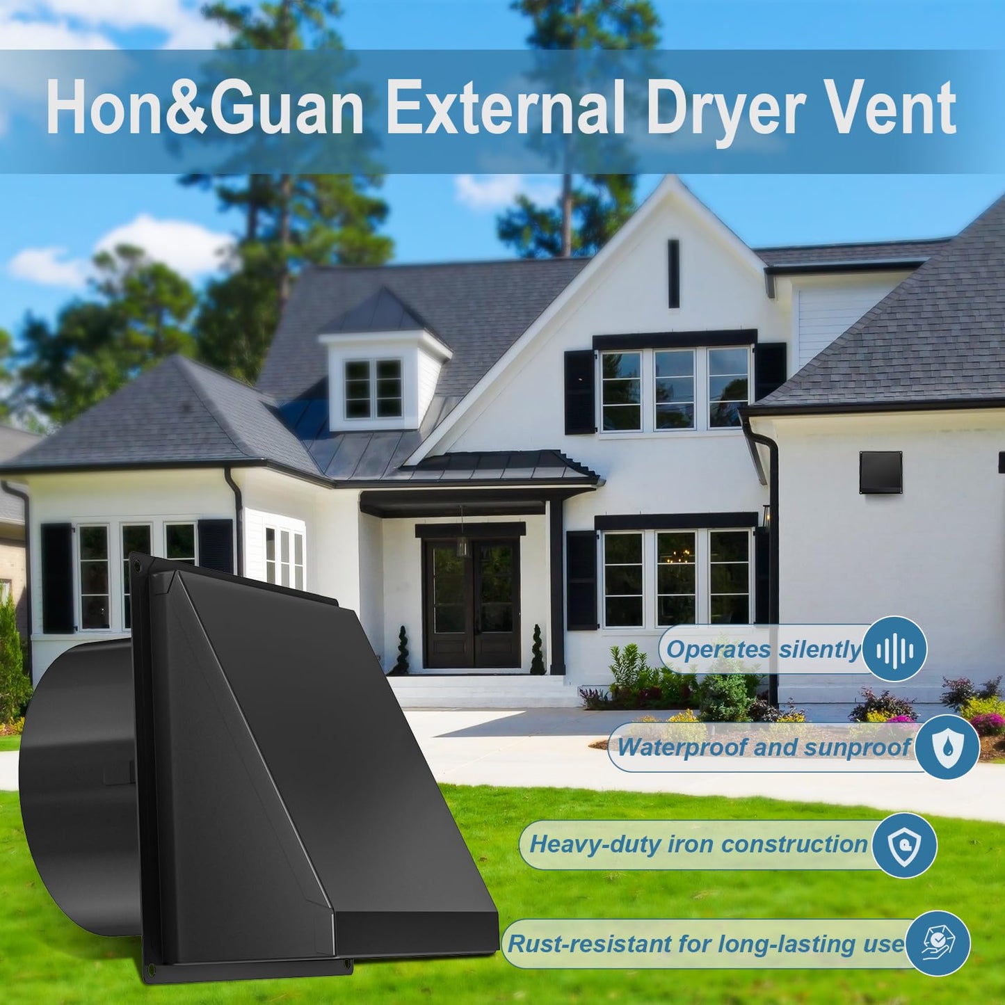 Hon&Guan Dryer Vent Cover Outside with Removable Mesh, 4 Inch Wall Mount Extractor Vent with Rubber Cushioned Non-Return Flap, Metal Outside Dryer Vent Cover for House, Black