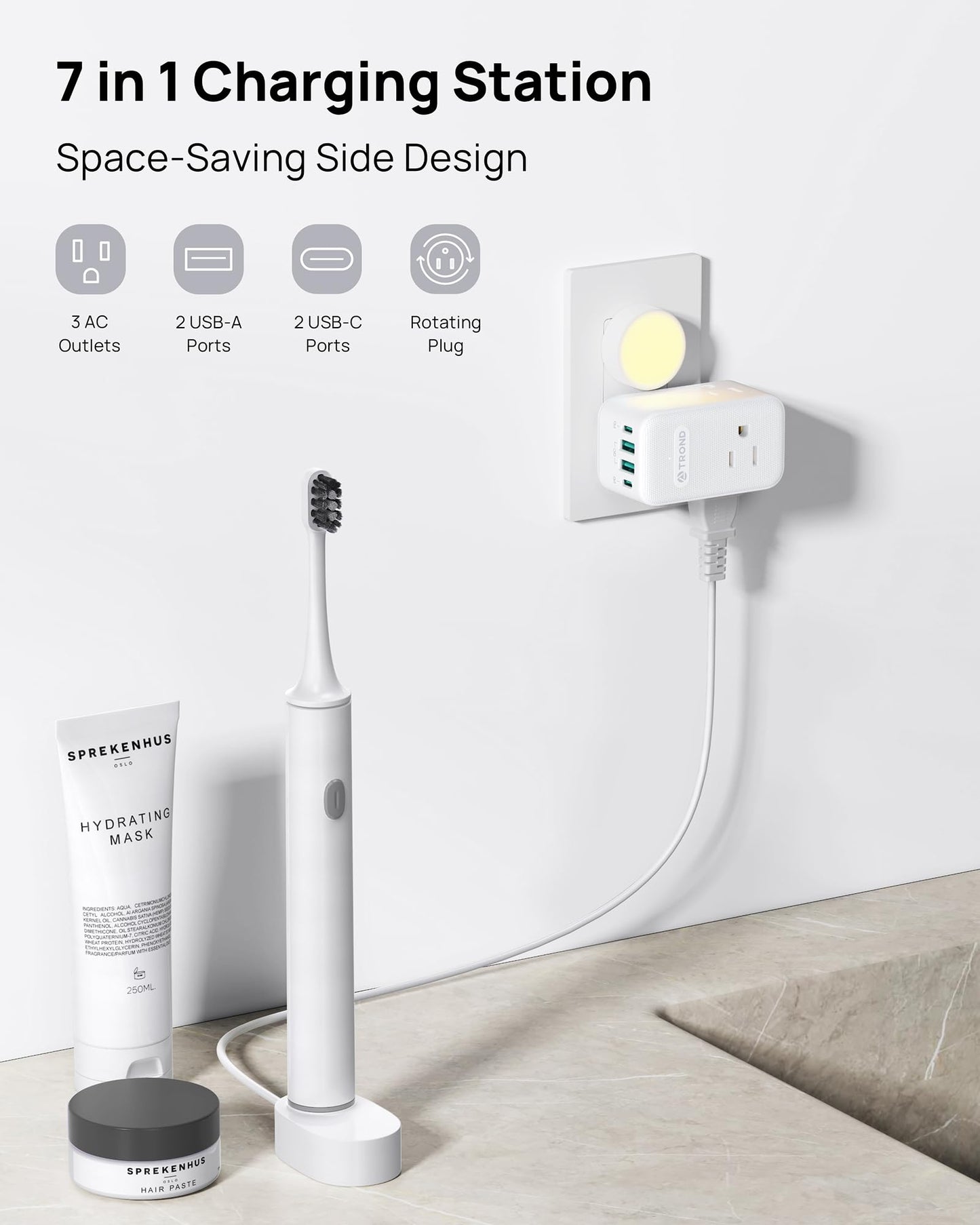 TROND 360° Rotating Multi Plug Outlet Extender, 2 PD 20W USB C Fast Charging Station, Small Power Splitter with 3 Way Sided Wall Socket Adapter for Home Office Dorm Room Cruise Travel Essentials