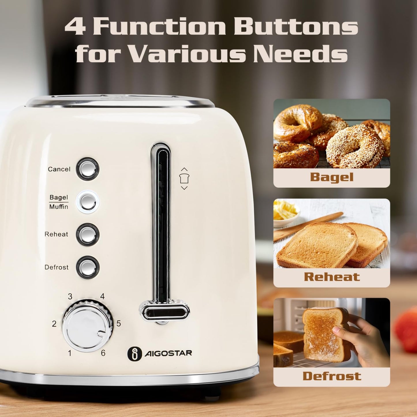 Aigostar Toaster 2 Slice, Retro Extra-Wide Slot Toasters Best Rated Prime for Toasting Bagels, Breads, Waffles & More, Cancel, Defrost & 6 Browning, Removable Crumb Tray, Stainless Steel, Cream White