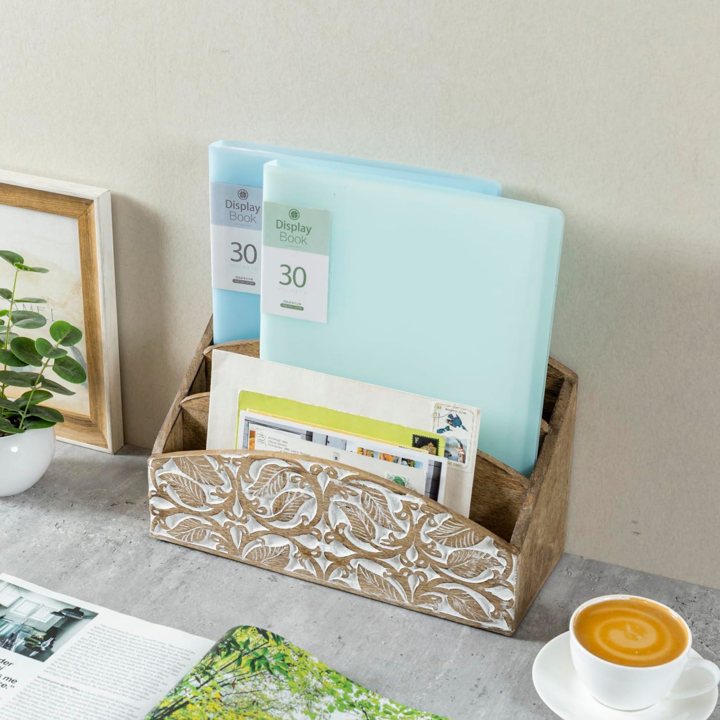 MyGift 3 Tier Rustic Solid Mango Wood Desk Mail Holder and Stationery Sorter with Hand Carved Leaf Pattern, Decorative Office Desktop Document Storage Organizer - Handcrafted in India, Small