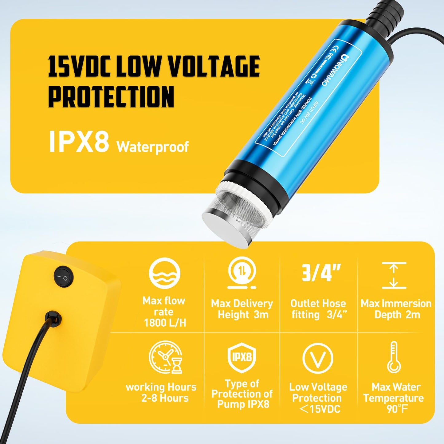 Uniqwamo Cordless Submersible Water Pump Compatible for Dewalt 20V Max Battery,400GPH Portable Transfer Water Pump for Camping Tub Garden RV Pond Draining Job Sites (No Battery)