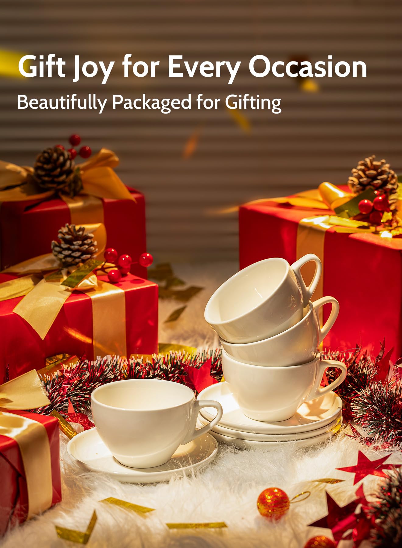 Sweese 4306 Porcelain Cappuccino Cups with Saucers - 6 Ounce for Specialty Coffee Drinks, Latte, Cafe Mocha and Tea - Set of 6, White