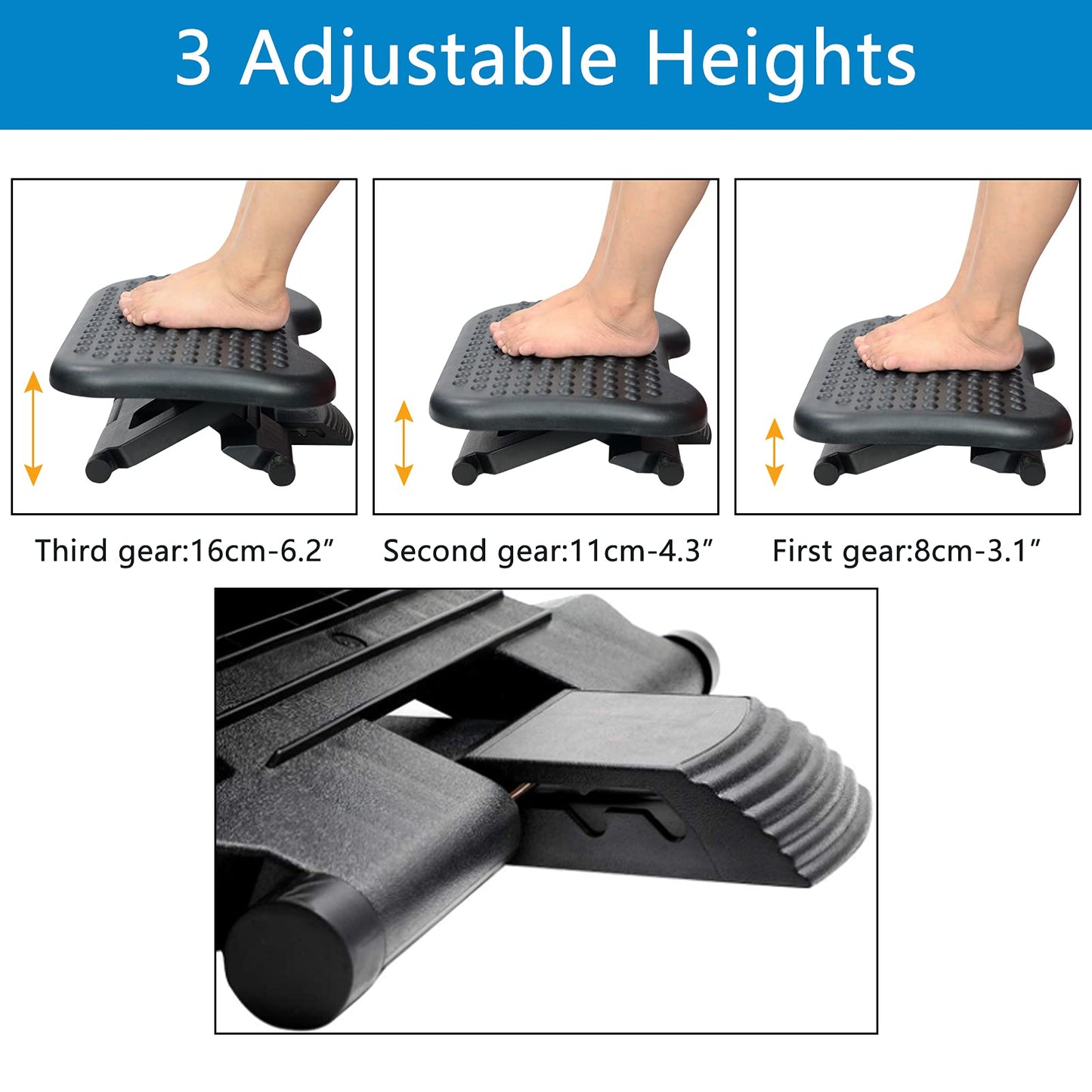 AKOZLIN Footrest Under Desk 3 Height Adjustable 30 Degree Tilt Angle Adjustment repose pied bureau Ergonomic Foot rest Non-skid Massage Surface Texture Improves Comfort for Home Office