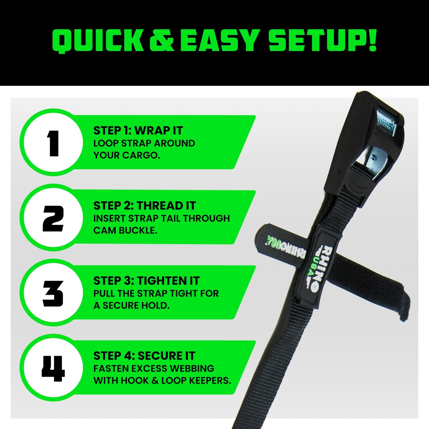 Rhino USA Lashing Tie Down Straps (4PK) - 1,320lb Guaranteed Max Break Strength, Includes (4) Heavy Duty 1in x 12ft Cam Buckle Pull Straps. Best for Securing Cargo, Kayak, Cooler, Roof Rack, Etc