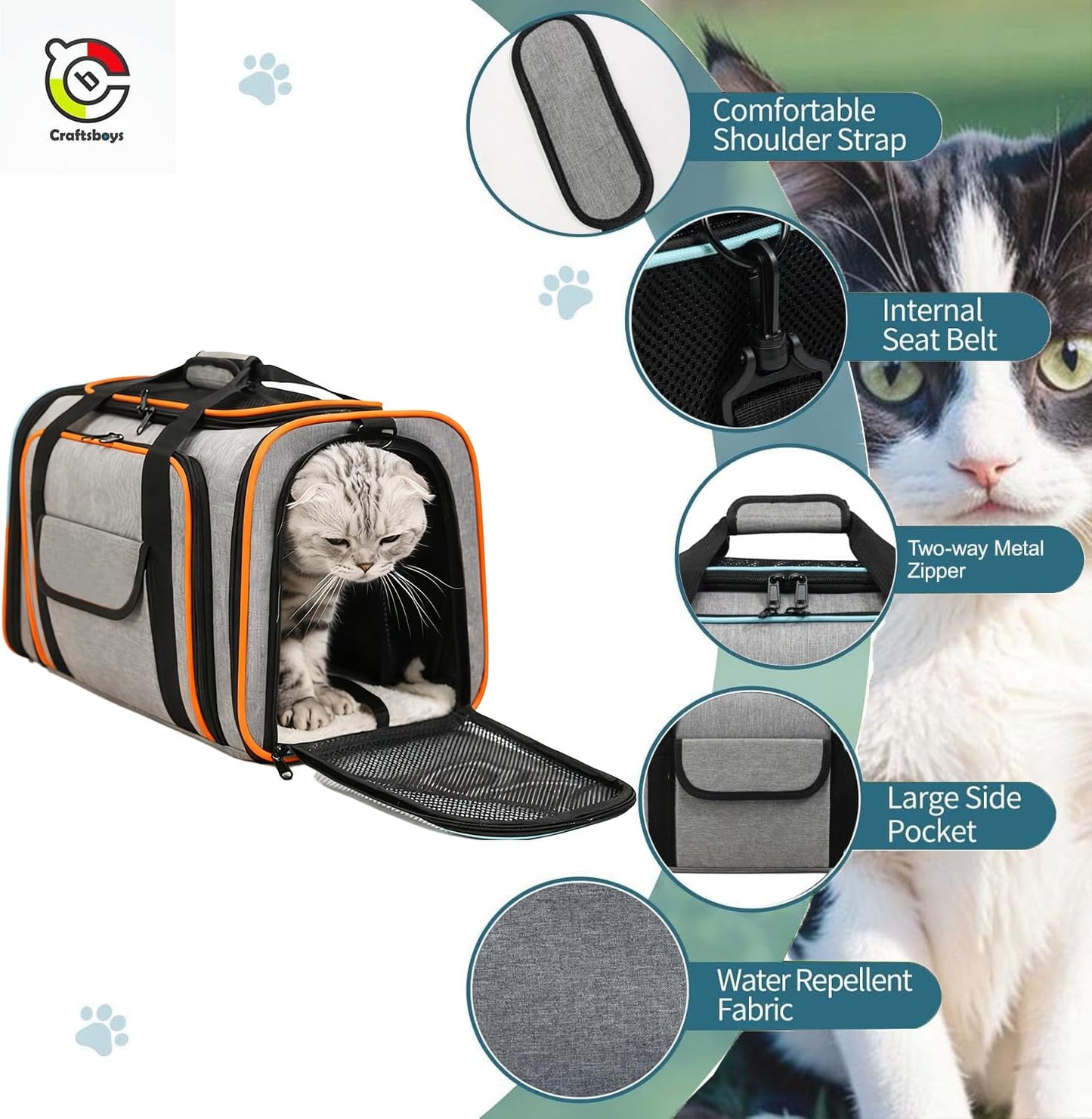 Craftsboys Pet Carrier for Cats & Dogs up to 15lbs – Soft-Sided, Breathable Mesh with Storage Pocket, Escape Proof Travel Carrier Bag for Small Dogs or Cats L17.7＂*W11＂*H11.8＂ (Grey-Orange)