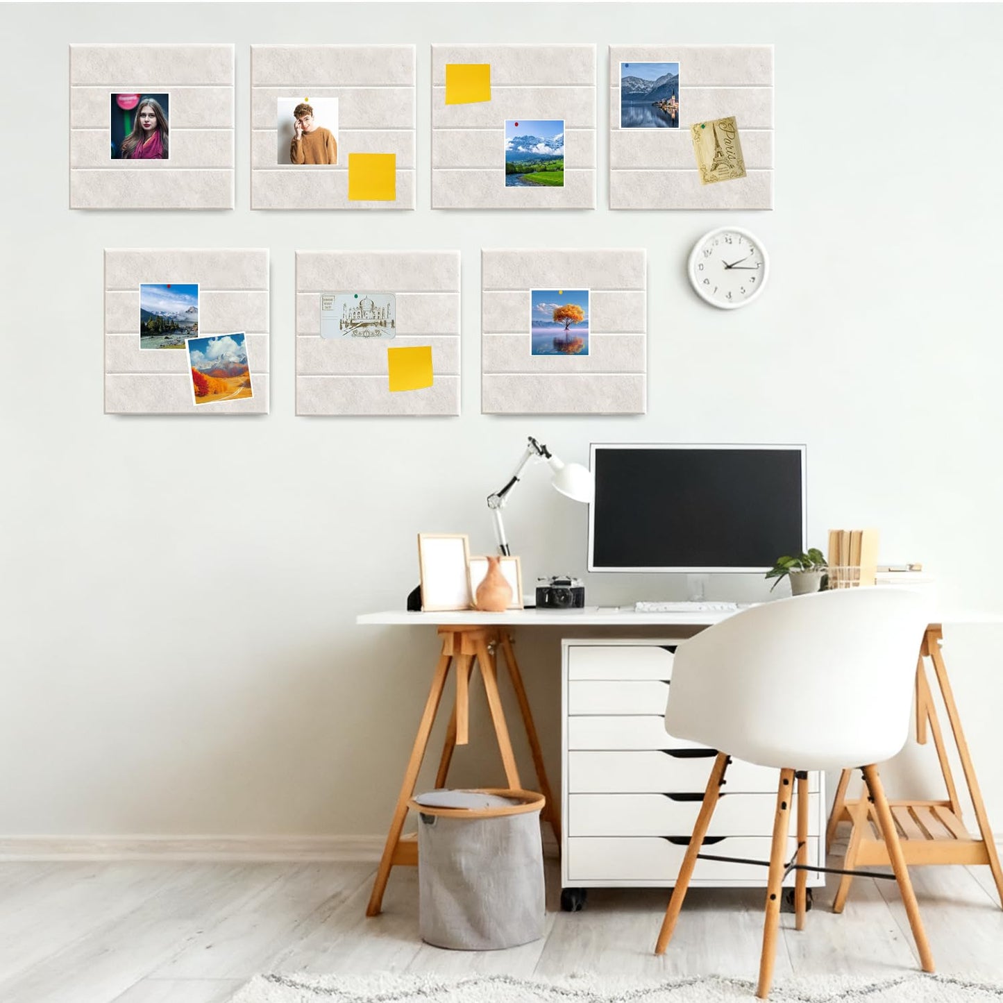 Large Cork Board for Walls, 12 Packs Beige Felt Wall Tiles with 35 Pushpins, 48" X 36" Large Bulletin Board, Removable Cork Board Alternative for Home School (Beige, Square Striped-12pcs)