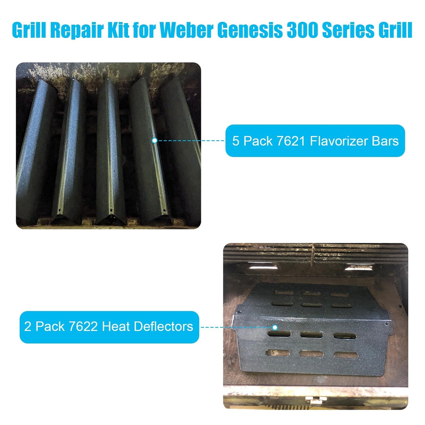 7621 Flavorizer Bars and 7622 Heat Deflectors for Weber Genesis E310 E320 E330 S310 S320 S330,Grill Parts Kit for Weber Genesis 300 Series with Front Control Knobs,Porcelain Steel