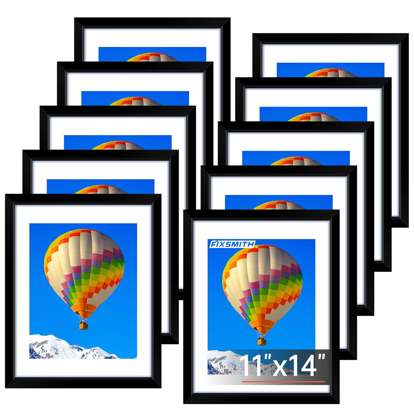 FIXSMITH 11x14 Picture Frame Set of 10, Black Photo Frames Bulk with HD Plexiglass, Display Pictures 8x10 with Mat or 11x14 Without Mat, Multi Picture Frames Collage for Wall Decor