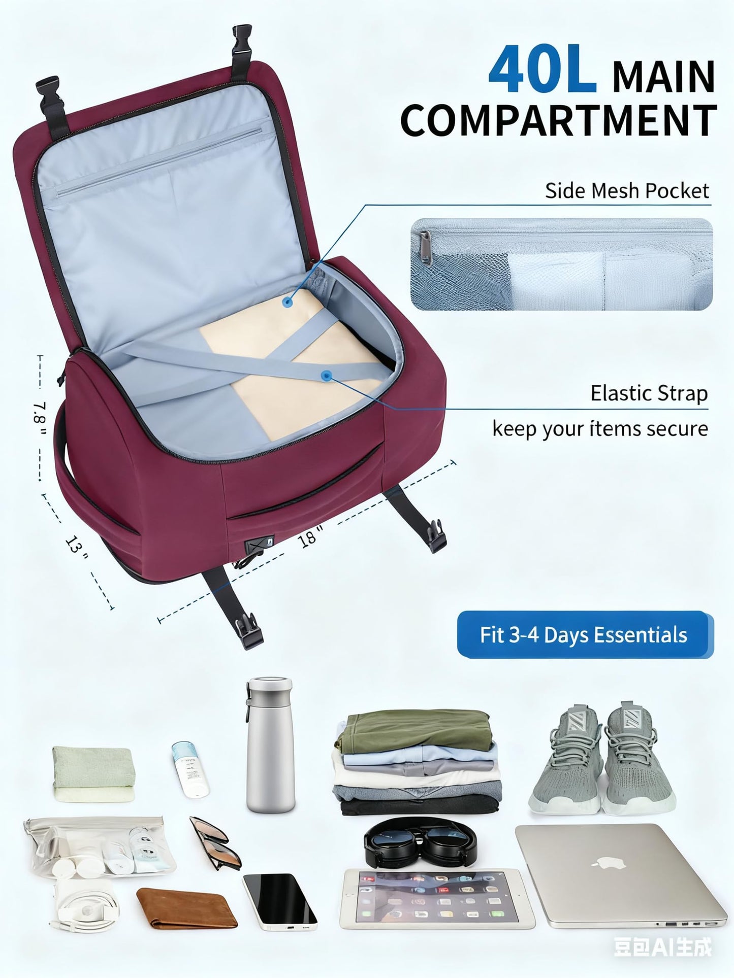 ECOHUB Travel Backpack for Women Men Fits 17.3" Laptop Airlines Approved UnderSeat Carry On Travel Luggage Bag with Charging Port Water Resistant 11 Pockets Business Work, Red
