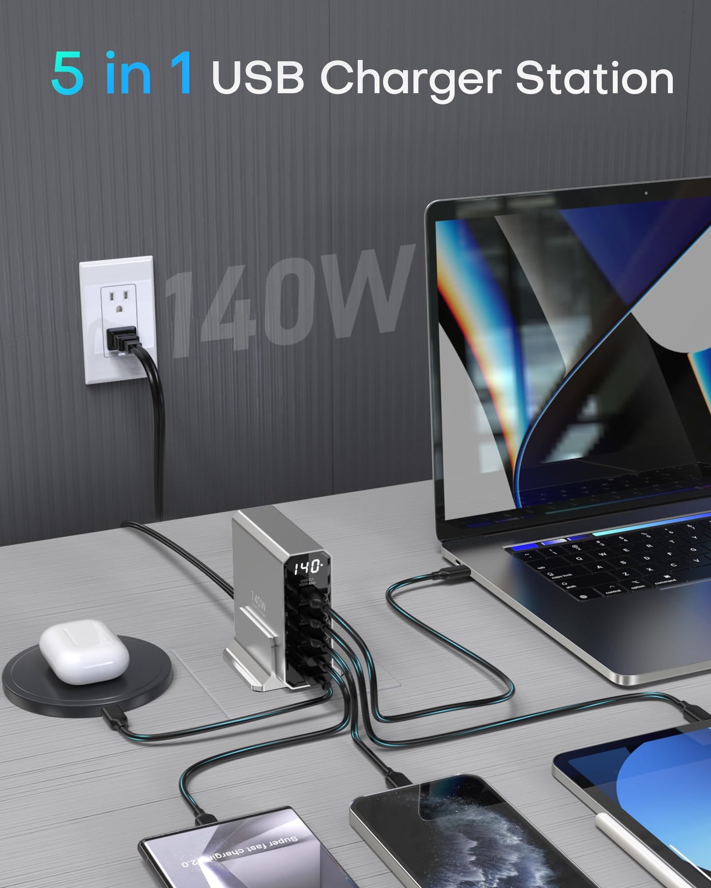 140W USB C Charging Station with Display, 5-Port GaN USB C Charger Block, Max 100W USB Hub Laptop Charger Compatible with MacBook Pro/Air,iPhone 15/14/13/Mini/Pro/Pro Max/Samsung Galaxy, Black