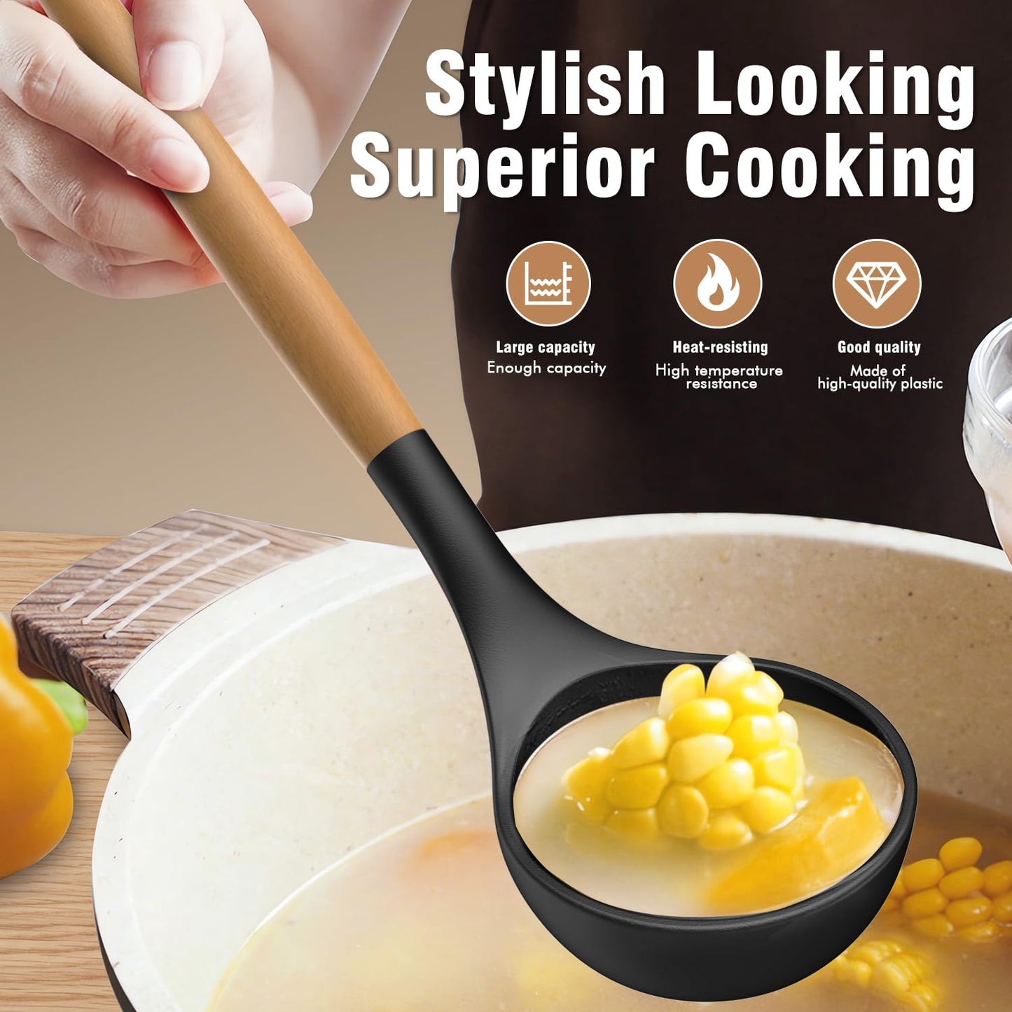 Silicone Cooking Utensils Set - Silicone Kitchen Utensils for Cooking Wooden Handles, 446°F Heat Resistant Kitchen Utensil Spatula Sets w Holder, Gadgets for Non-Stick Cookware BPA Free (Black)