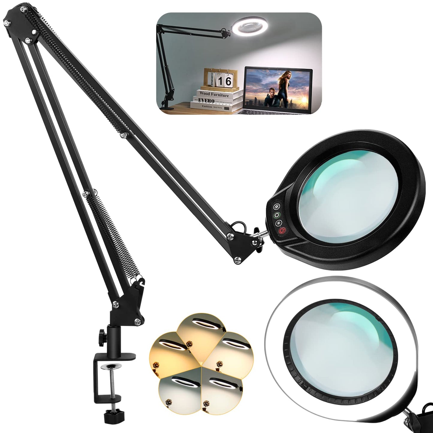 VEEMAGNI 5 Inch Large Real Glass Magnifying Glass with Light and Stand, 5 Color Modes Stepless Dimmable, 2*16 Inch Swivel Arm LED Clamp Desk Lamp, Hands Free 10X Lighted Magnifier for Close Work Craft