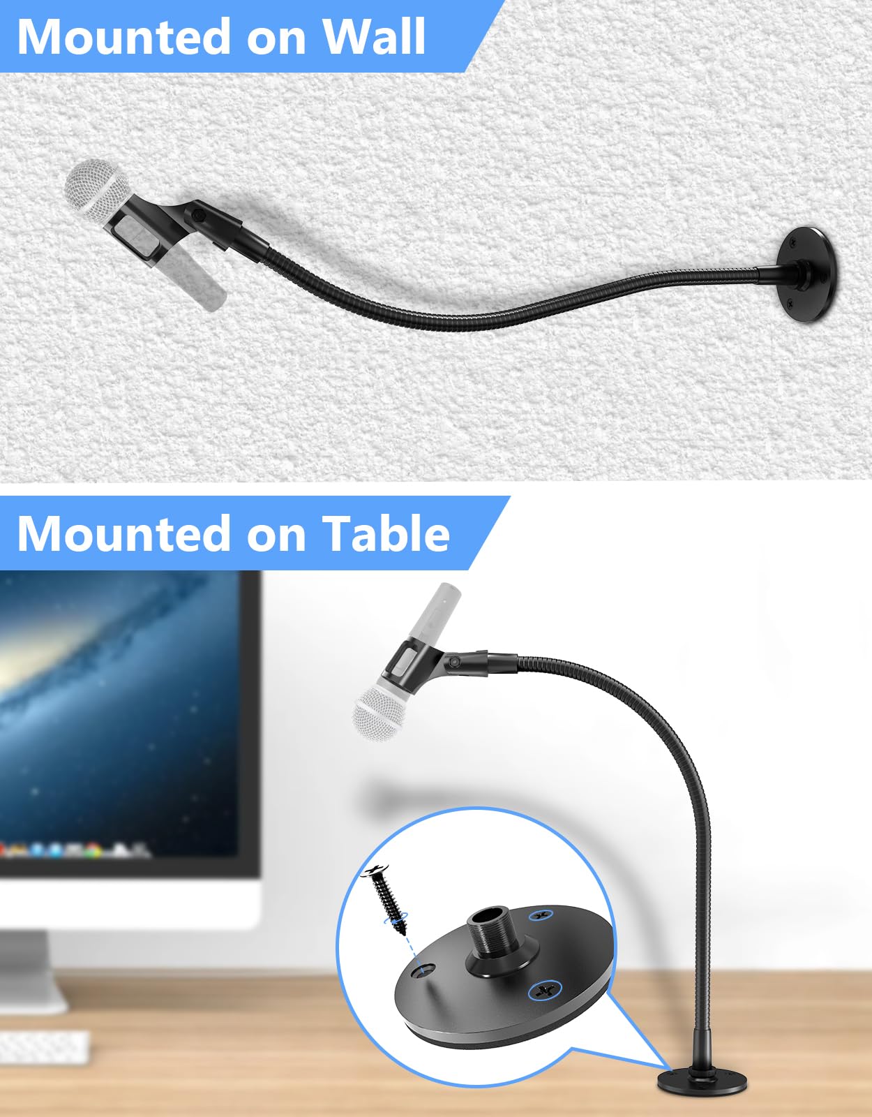 Gooseneck Mic Stand -19" Podium & Wall Microphone Holder, Heavy Duty Adjustable Desk/Wall Mount Compatible with Shure, Fifine, AT2020, Pyle, Blue Snowball, Razer for Podcast/Studio/Streaming Flexible