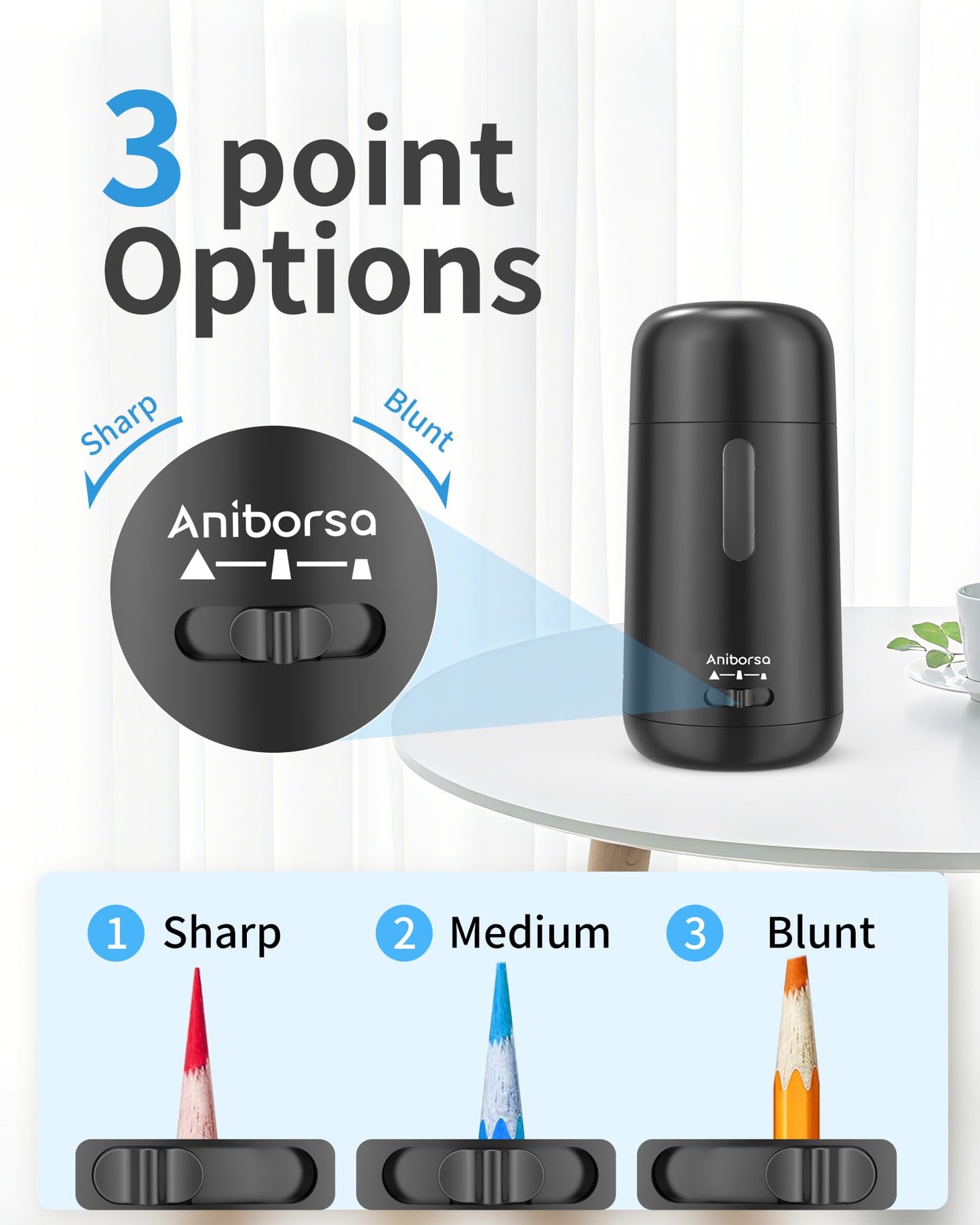 Aniborsa Automatic Electric Pencil Sharpener - Auto Feed, Auto Stop & Auto Eject for School, Office, Home, Black