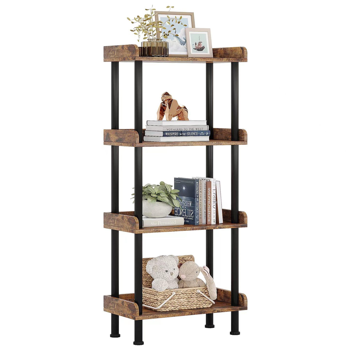 Hosfais Bookshelf Small Book Shelf, 4 Tier Wood Bookcase Industrial Bookshelf Metal Standing Book Shelves Display Book Rack for Living Room Bedroom Home Office (Rustic Brown)