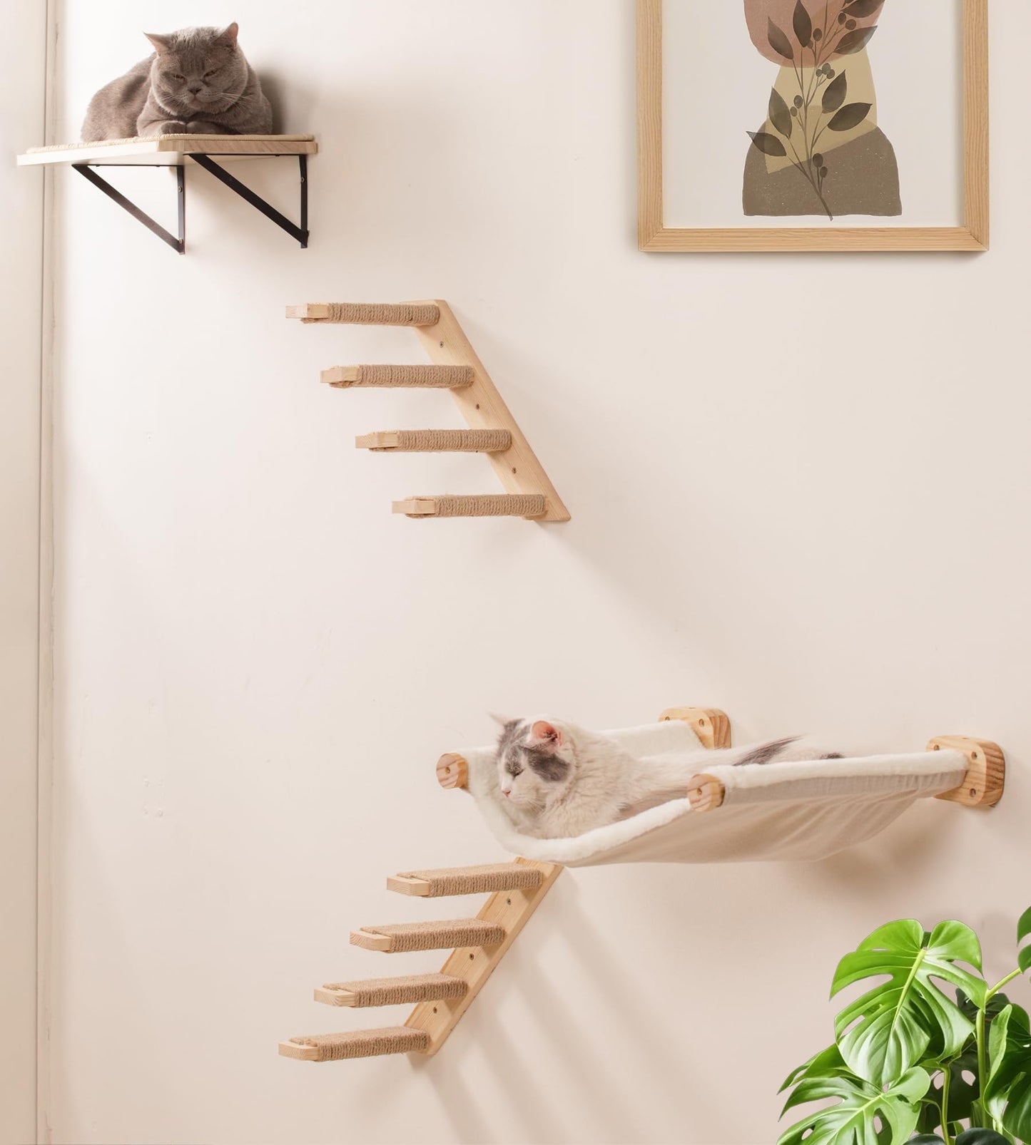 Cat Wall Shelves with 1 Floating Fabric Hammock, 2 Ladders with 4 Steps Each & 1 Flat Cat Shelf, Wall Mounted Bed Furniture & Climber, Indoor Playground
