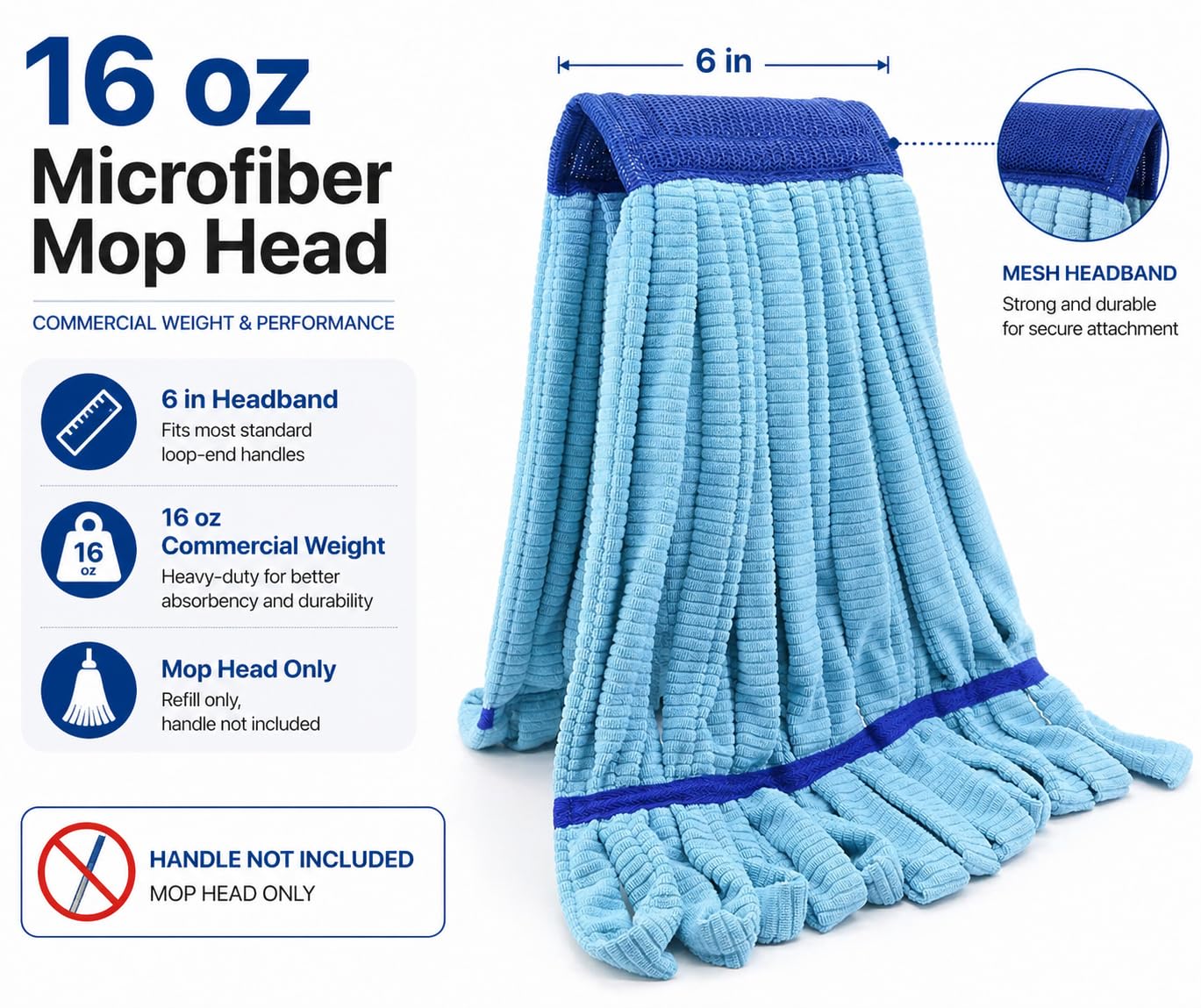 Microfiber Mop Head Replacement, 16 oz Loop End Commercial String Mop Head with 6 Inch Headband, Absorbent Microfiber Mop Refill for Home, Industrial & Commercial Floor Cleaning