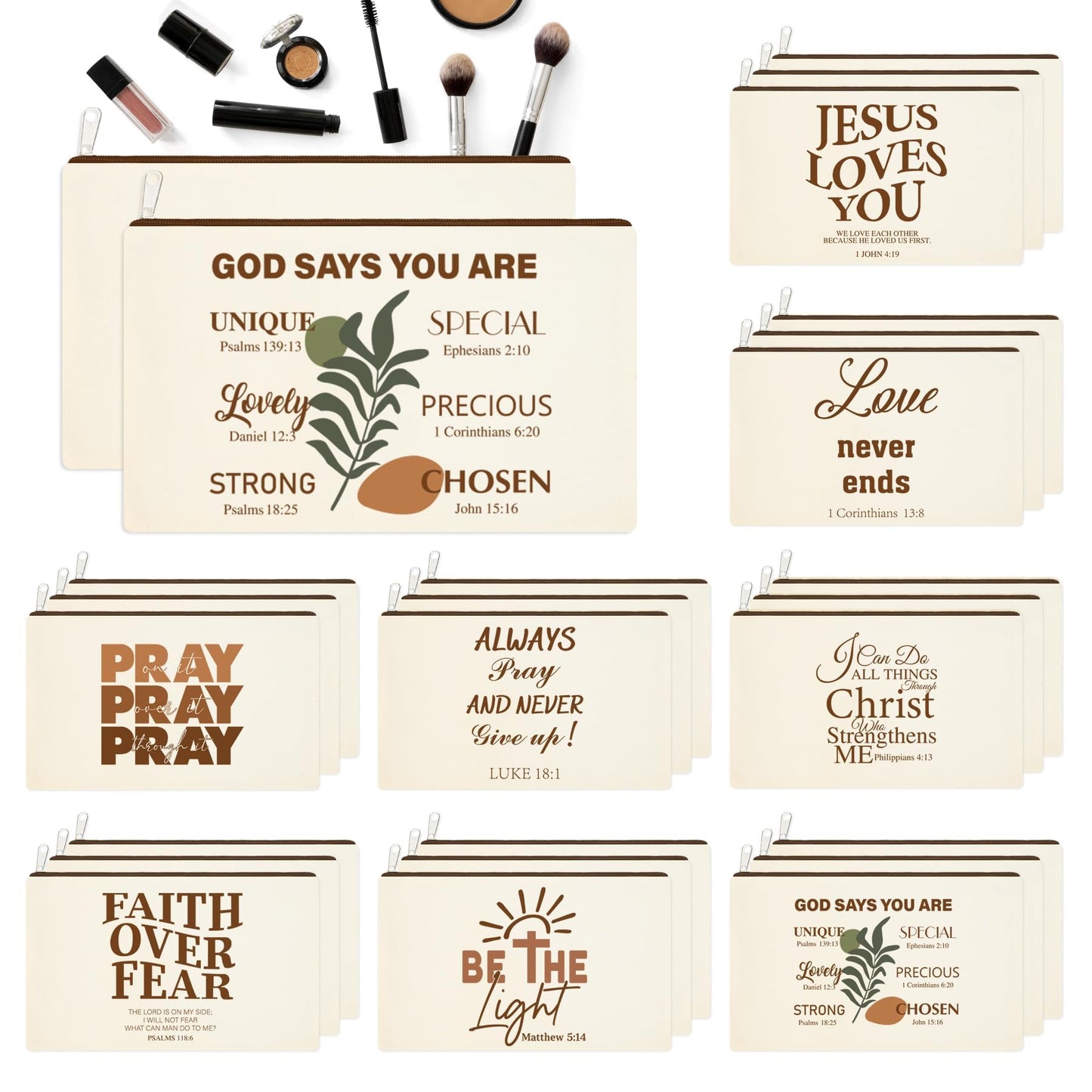 Kuabiz 24 Pcs Christian Cosmetic Bags Bulk for Women Bible Verse Makeup Bags Christian GIfts Inspirational Canvas Pencil Pouches with Zipper for Organize Cosmetics Journaling Motivational Supplies
