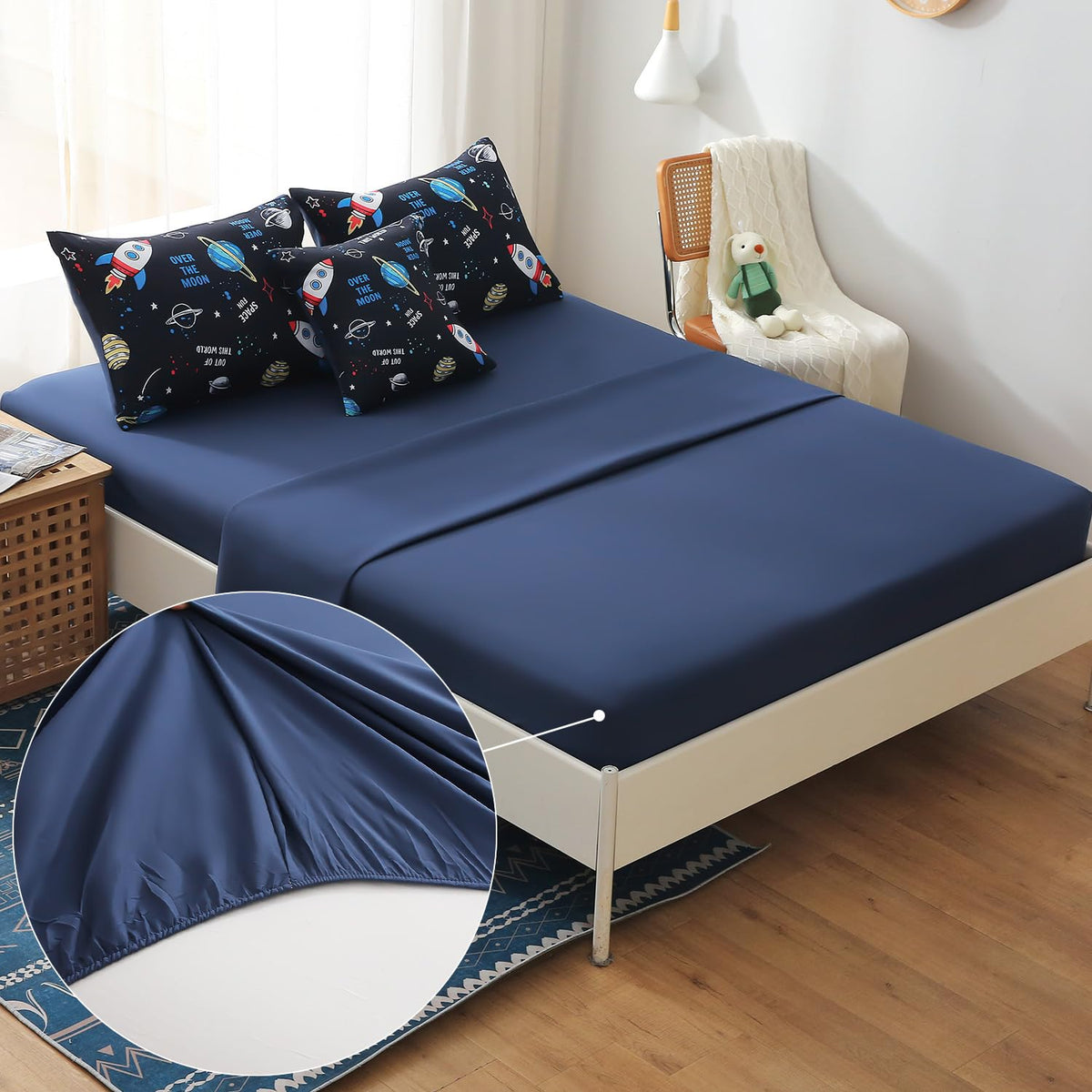JQinHome Full Space Comforter Set for Kids,6 Piece Bed in A Bag 3D Galaxy Space Rocket Planets Bedding Set for Teens Boys Girls (1 Comforter,2 Pillowcases,1 Flat Sheet,1 Fitted Sheet,1 Cushion Cover)