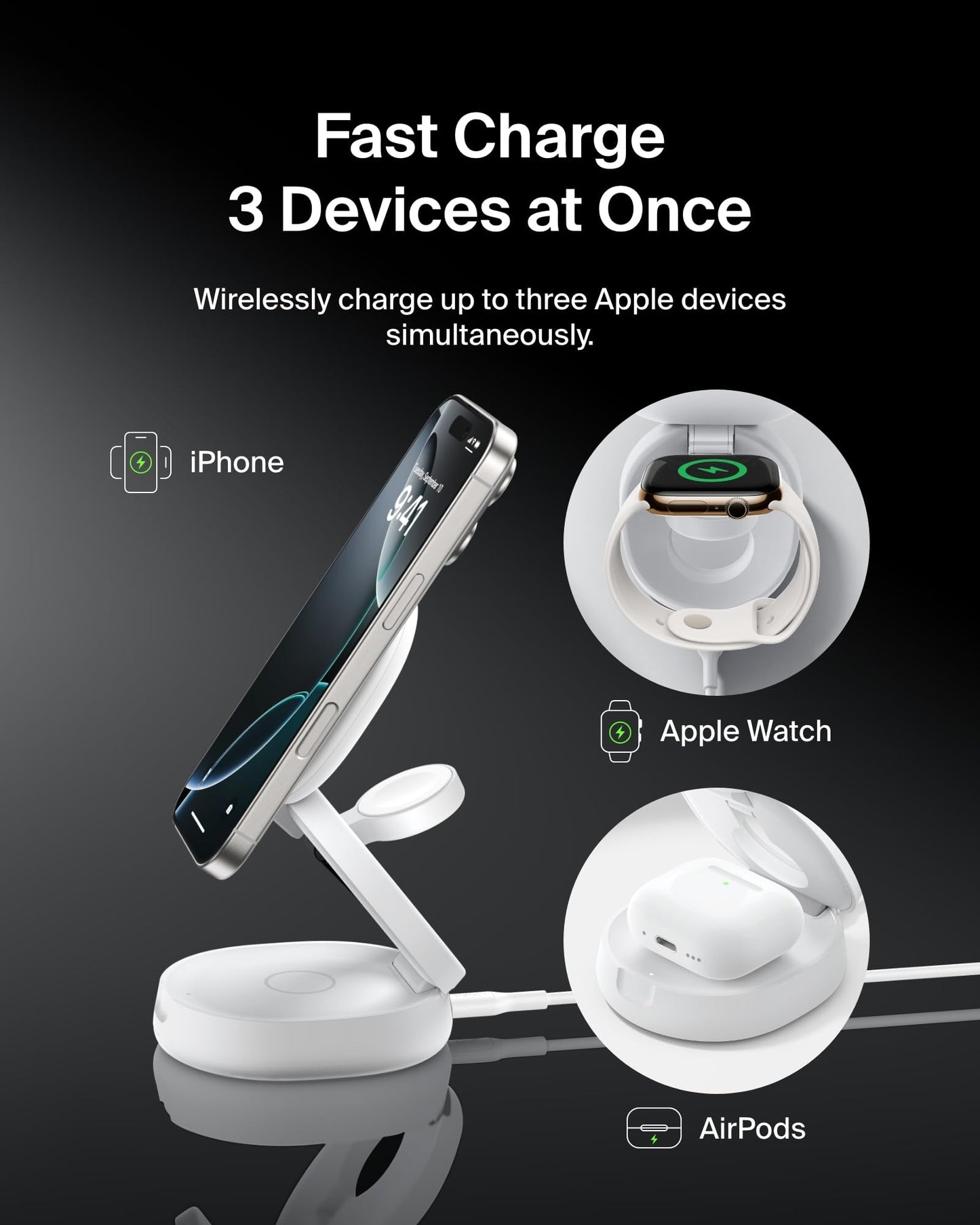 Belkin MagSafe Charger Compatible, 3-in-1 Qi2 Wireless Charging Station 15W, Convertible Wireless Charger for iPhone 17, Apple Watch, AirPods, Portable Phone Stand for Travel w/ 36W Adapter - White