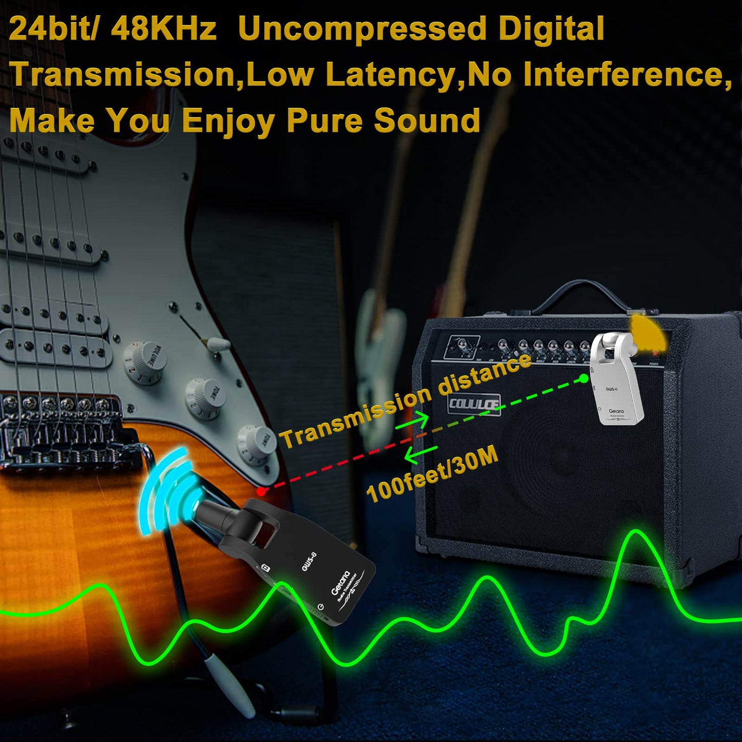 Getaria 2.4GHZ Wireless Guitar System Built-in Rechargeable Lithium Battery Digital Transmitter Receiver for Electric Guitar Bass
