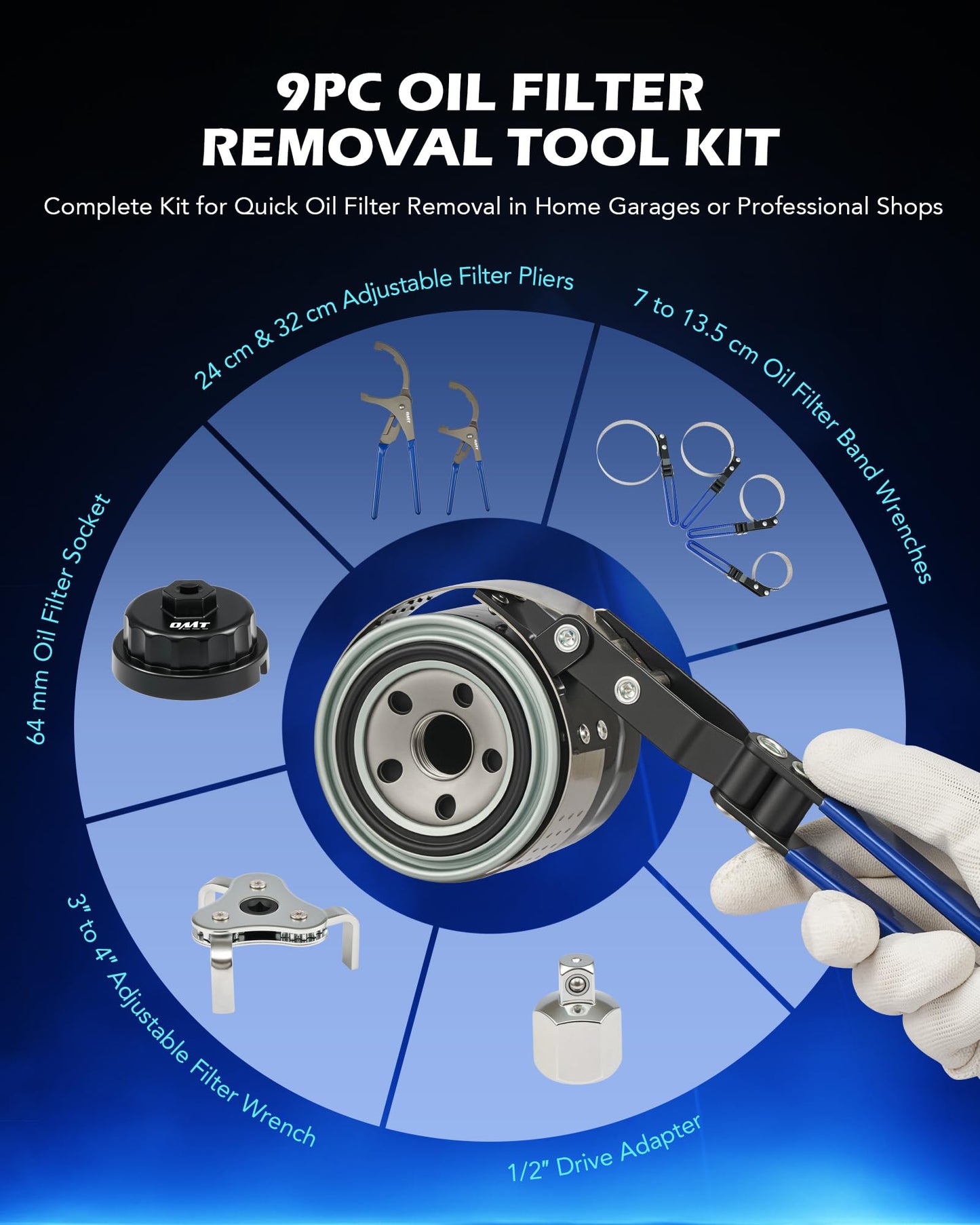 Orion Motor Tech Oil Filter Wrench Set, 9 Piece Oil Filter Removal Tool Kit with Adjustable Oil Filter Wrenches 70-135 mm, 24 & 32 cm Pliers, 1/2" to 3/8" Adapter, Universal 3-Jaw Removal Tool