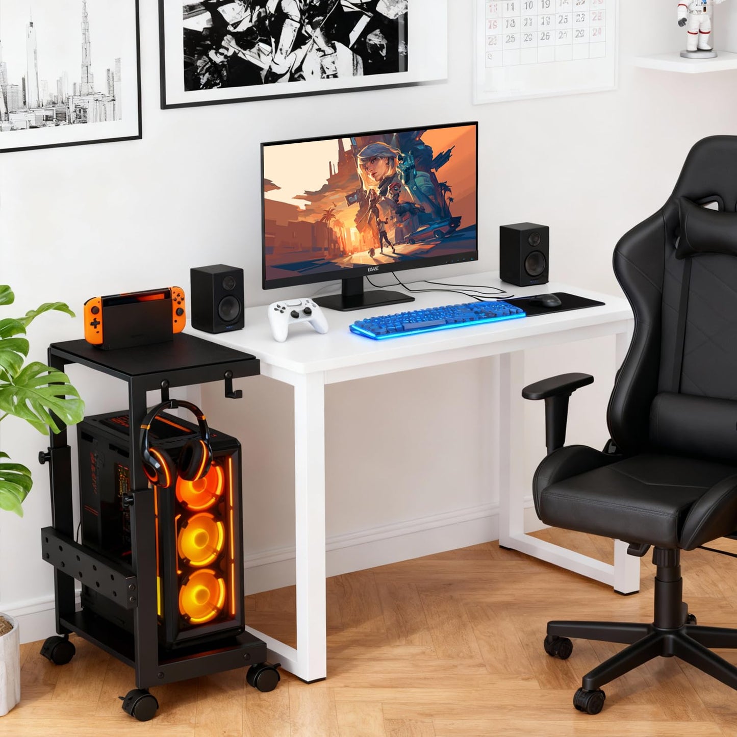 SWOK Adjustable Computer Tower Stand for Gaming & Office, CPU Stand with Mobile Wheels & Mouse Pad, Desktop Computer Stand for Floor, 24.6-28.7 Inches Tall, Computer Carts