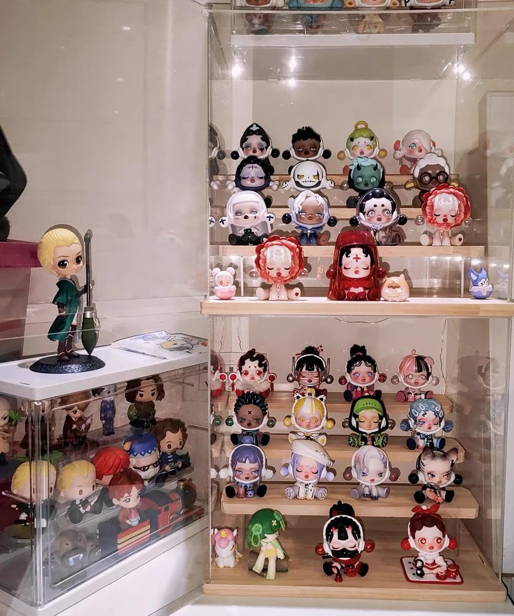 Clear Acrylic Display Case for Funko Pop Figures with Light, 3 Layer Stand Storage Cabinet Shelf Risers Protection Showcase Large Dustproof for Toys Collectibles Rock Stone Crystals, Wooden 32x26x29cm