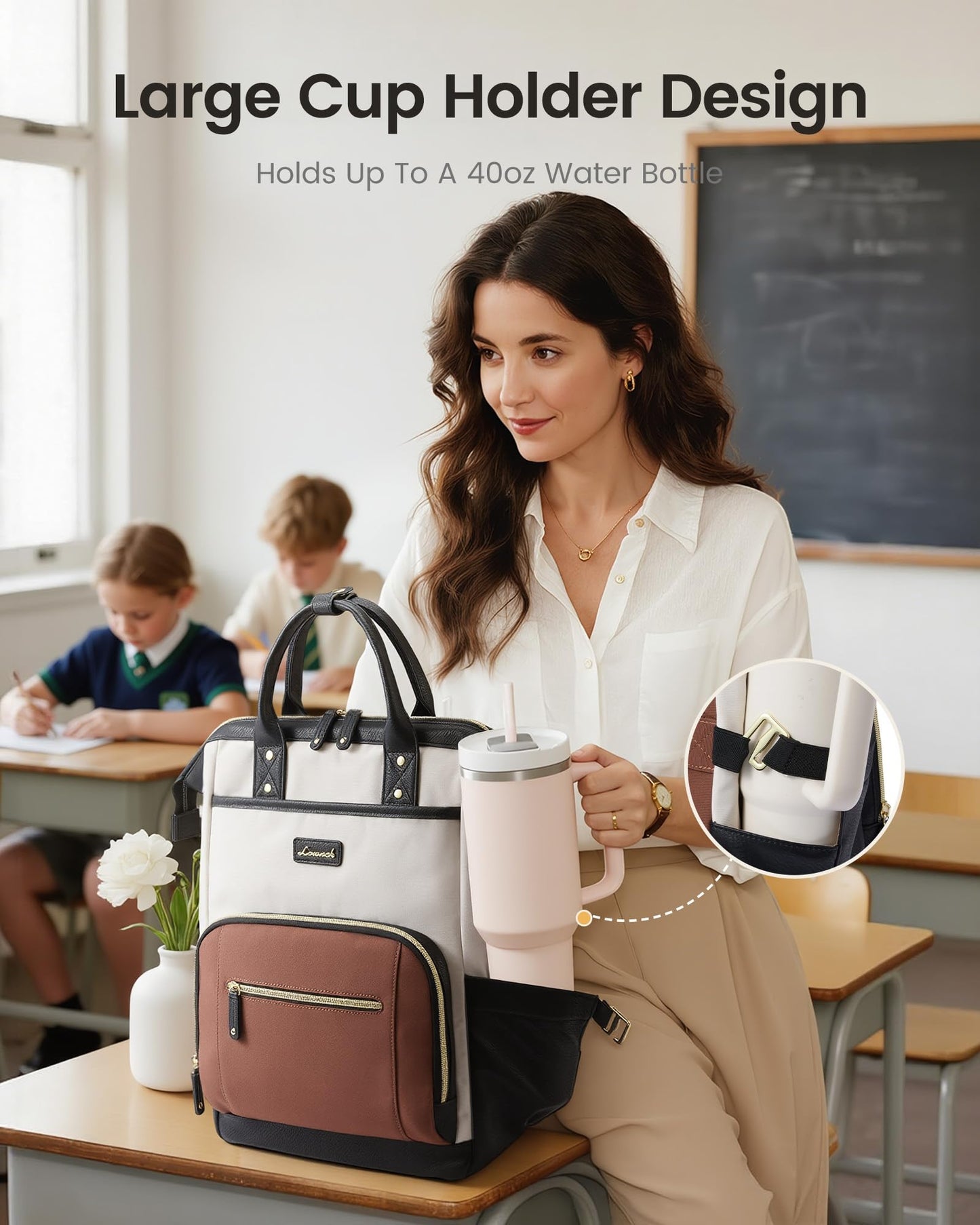 LOVEVOOK Laptop Backpack for Women, Beige-black-brown, 15.6 Inch, College Commuter Laptop Travel Work Computer Teacher Business Carry on Backpack
