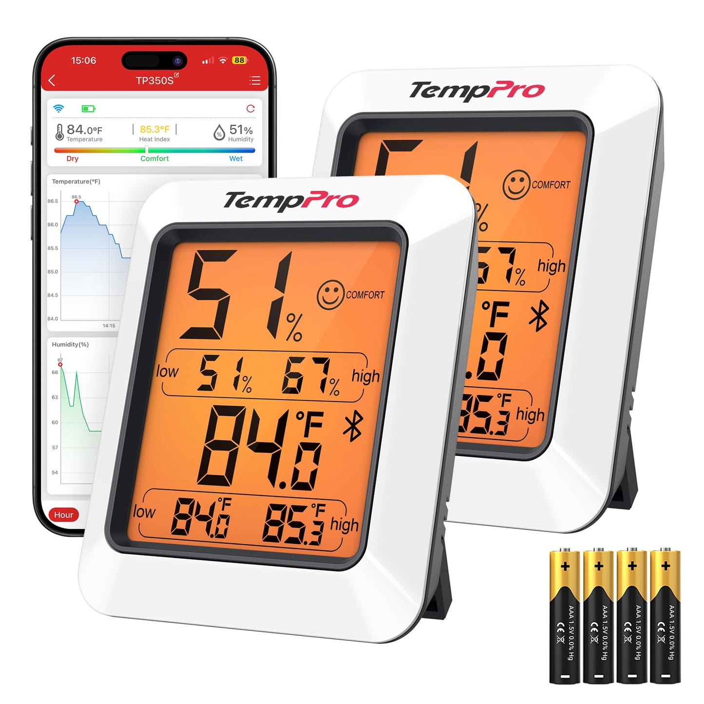 TempPro Hygrometer Thermometer for House TP350, Bluetooth Room Indoor Greenhouse Thermometer Up to 260FT,Backlit Humidity Meter Temperature Sensor with 2-Year Data Export, 2 Pack(Previously ThermoPro)