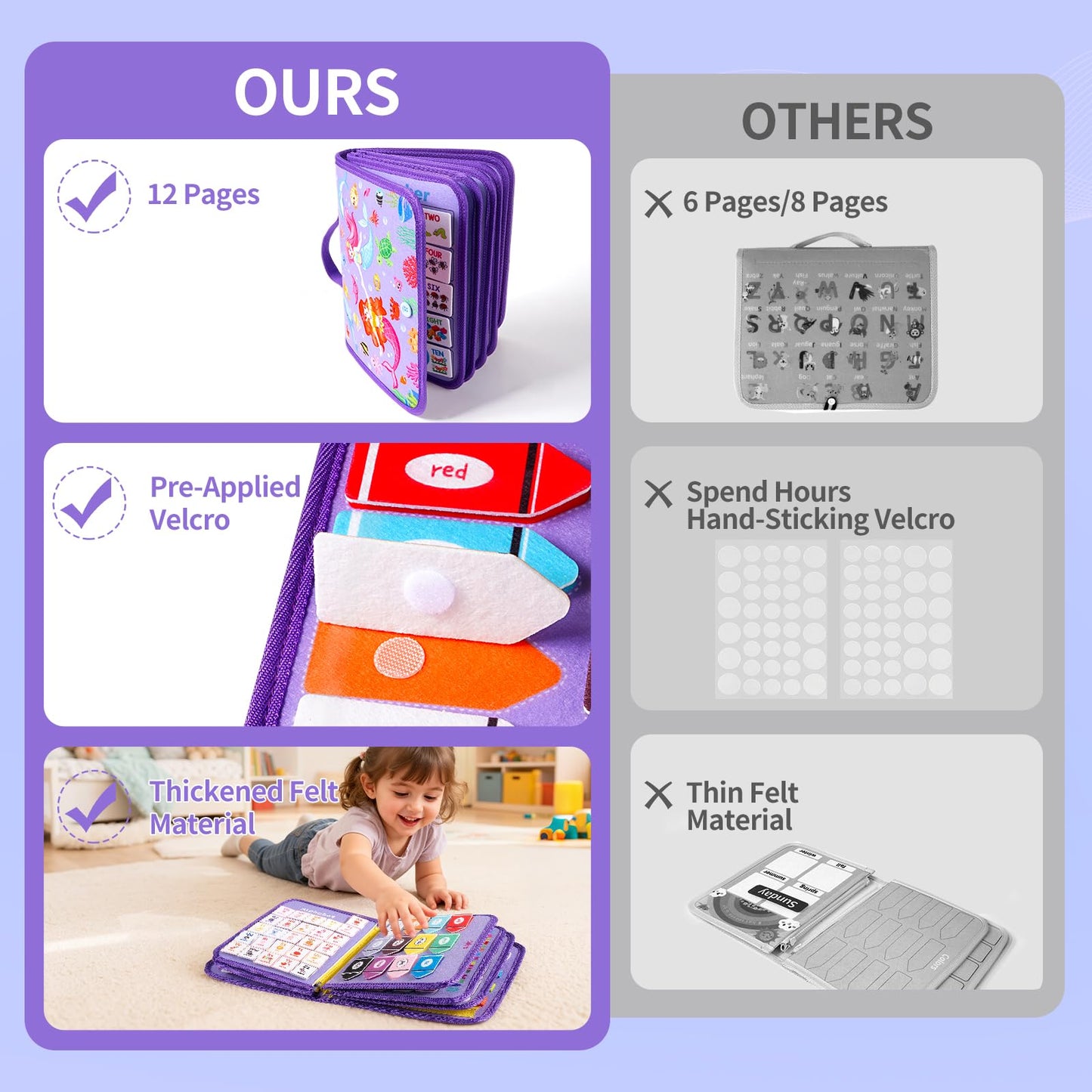 Toddler Busy Board Montessori Toys, 12-Page Busy Book, Quiet Educational Activity Book, 24 in 1 Learning Sensory Toys for Motor Skills, Travel Toy for Car Airplane, Girl Birthday Gift (Mermaid)
