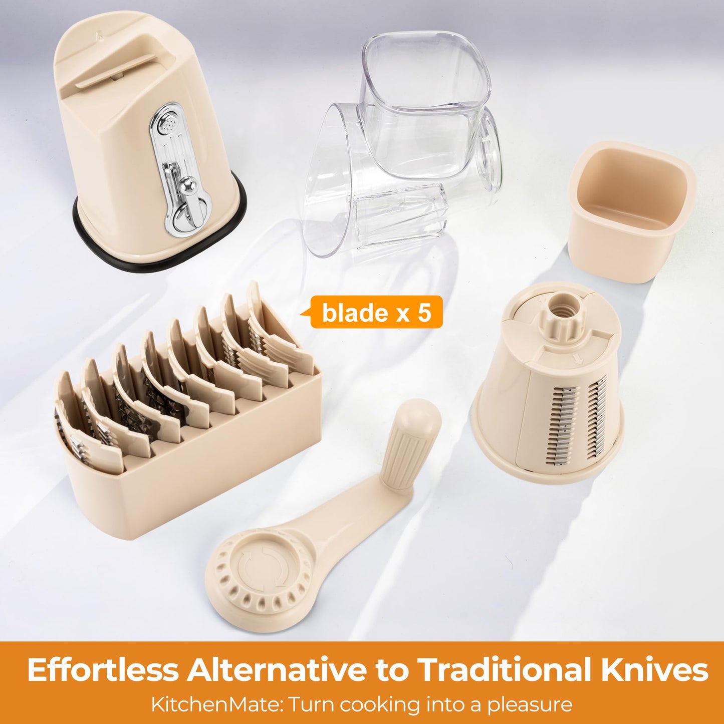 SUSTEAS Rotary Cheese Grater Hand Crank, 5-in-1 Vegetable Shredder, Including Non-Slip Suction Base, Easy to Clean and Use, Kitchen Shredder for Cheese, Cabbage, Carrots, Nuts | Beige