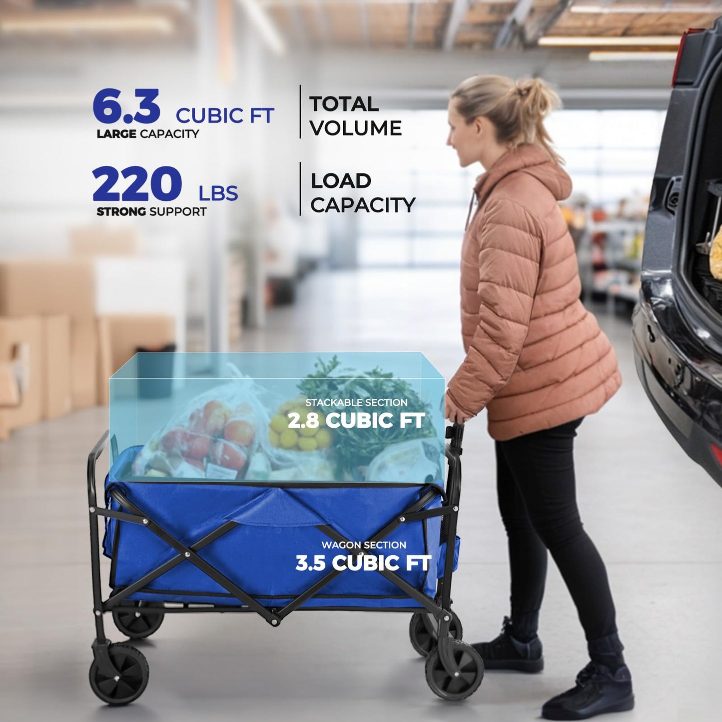 Pasamic Collapsible Wagon 380 lbs, Heavy Duty Wagon Carts Foldable, Portable Wagons for Groceries, Beach Cart with All-Terrain Wheels & Drink Holders, Utility Wagon for Shopping, Camping, Blue