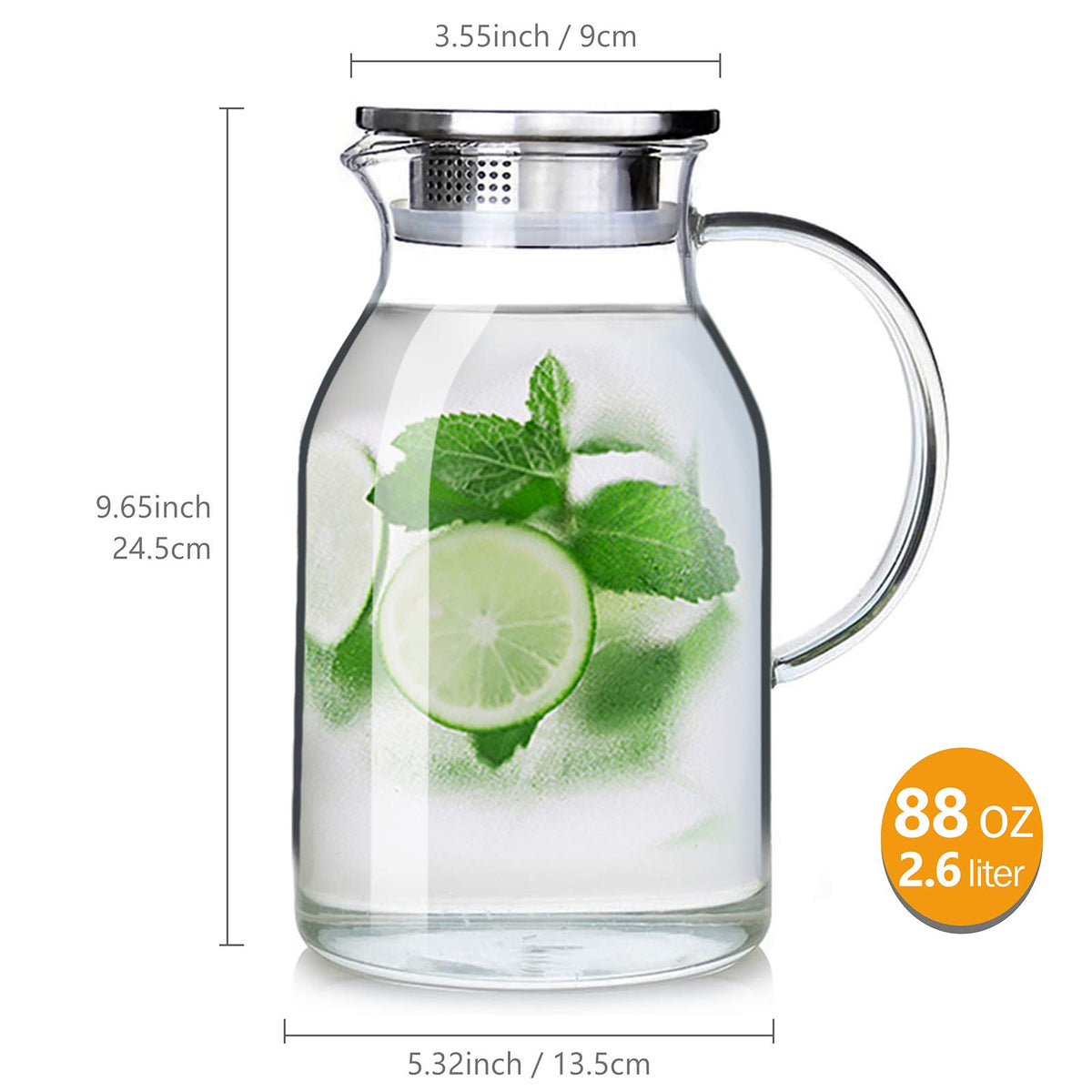 Abdodar 88oz Glass Pitcher with Lid and Spout - High Heat Resistance for Hot/Cold Water & Iced Tea (2.6L)