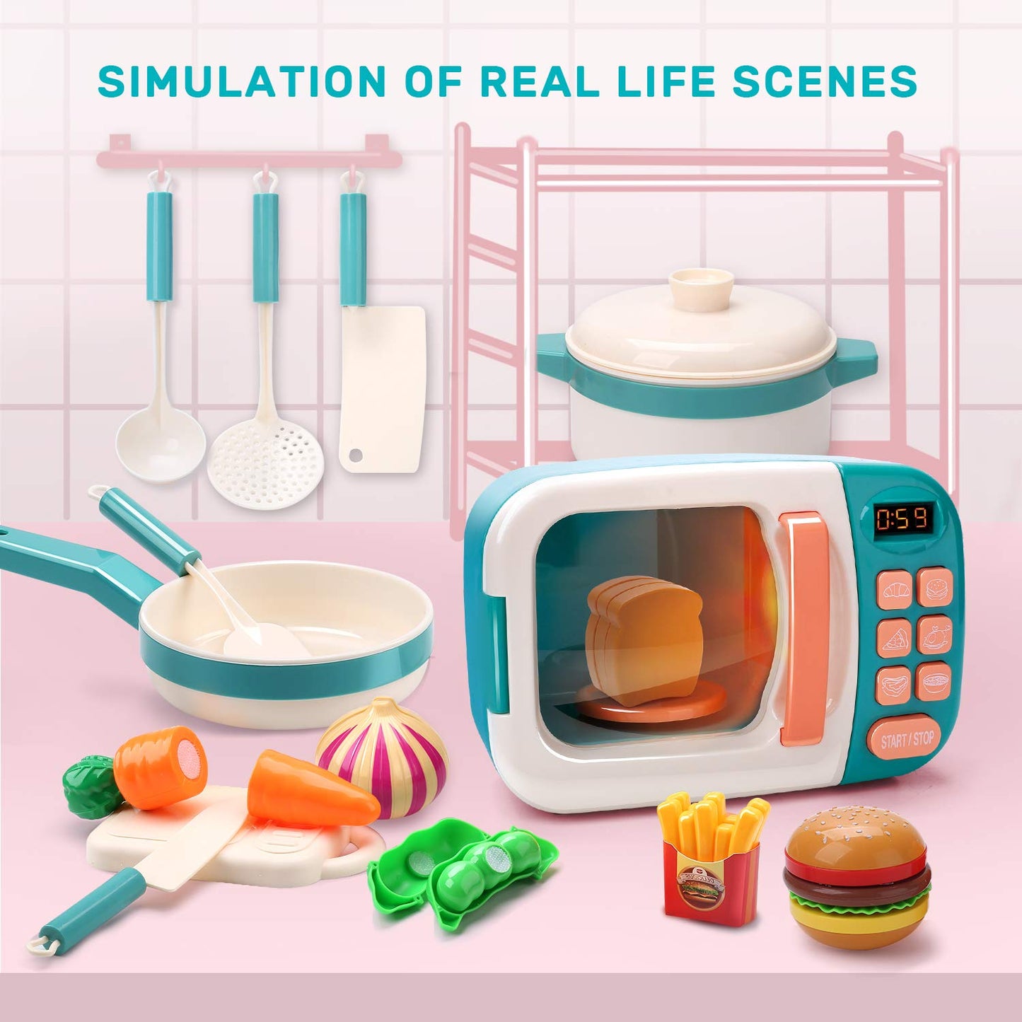CUTE STONE Kids Play Kitchen Set, Pretend Play Microwave Toys, Kitchen Oven with Play Food, Play Cookwares Toy Pot and Pans Set, Cooking Utensils, Learning Gifts for Kids Toddlers Girls Boys
