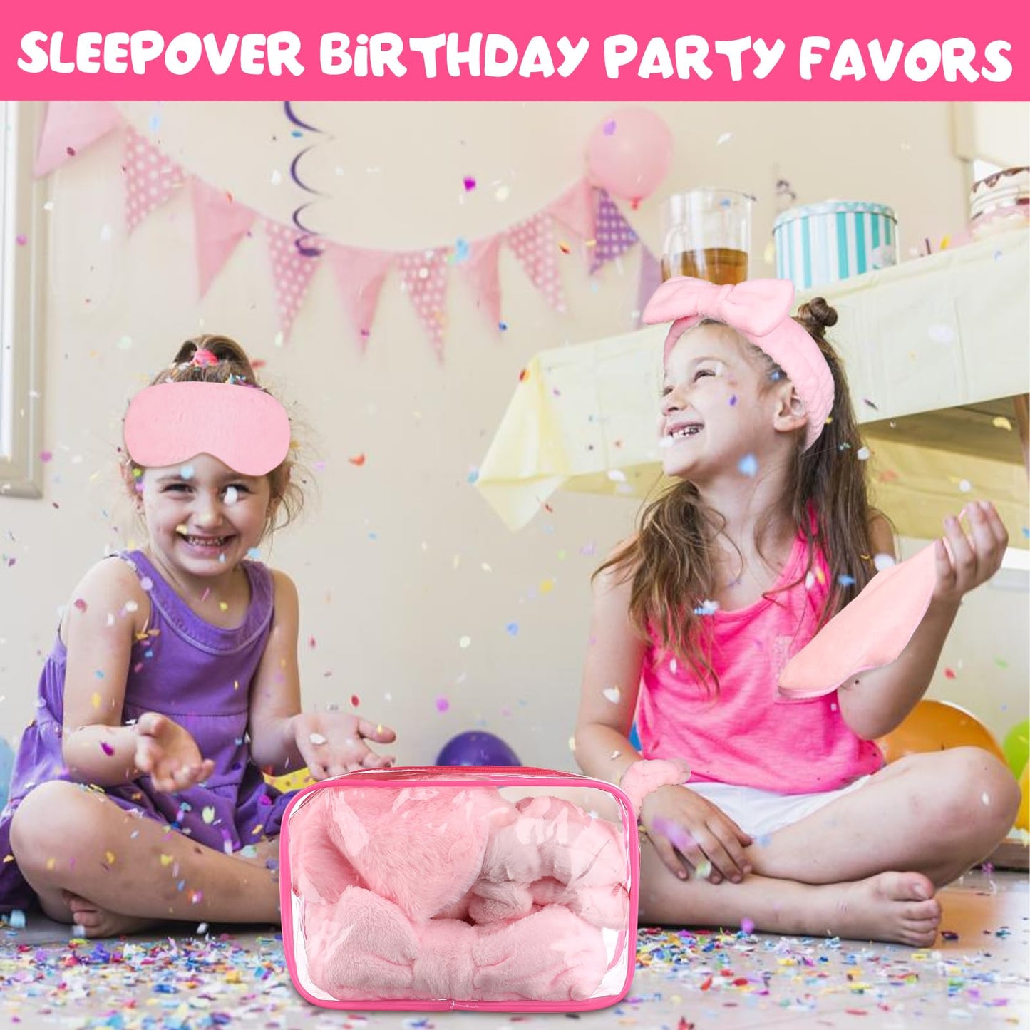 30 Pcs Spa Sleepover Party Supplies 6 Bow Makeup Headband 6 Plush Sleep Eye Mask 6 Velvet Scrunchies 6 Makeup Remover Cloth 6 Clear Cosmetic Bags for Women Slumber Party Favors, Pink, Cute