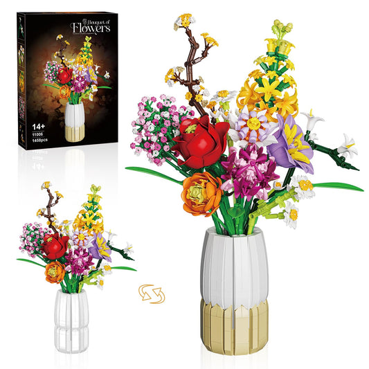2 in 1 Vase Flowers Bouquet Building Set, Artificial Flowers Bouquet Sets for Adults & Women, Comptatible with Lego Flower Bouquets Botanicals Collection, 1458 PCS