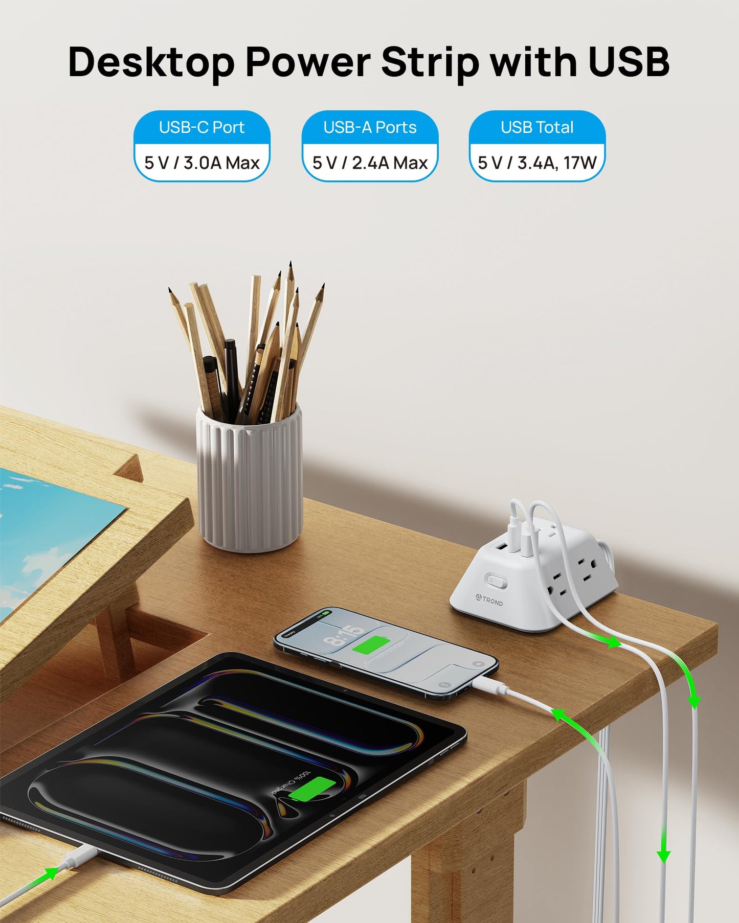 TROND Desk Clamp Power Bar Surge Protector with USB C Ports, Power Strip Charging Station with 5 Outlets, 6ft Slim Flat Plug Extension Cord Indoor, Fit 1.97" Tabletop Edge for Home Office Dorm, White