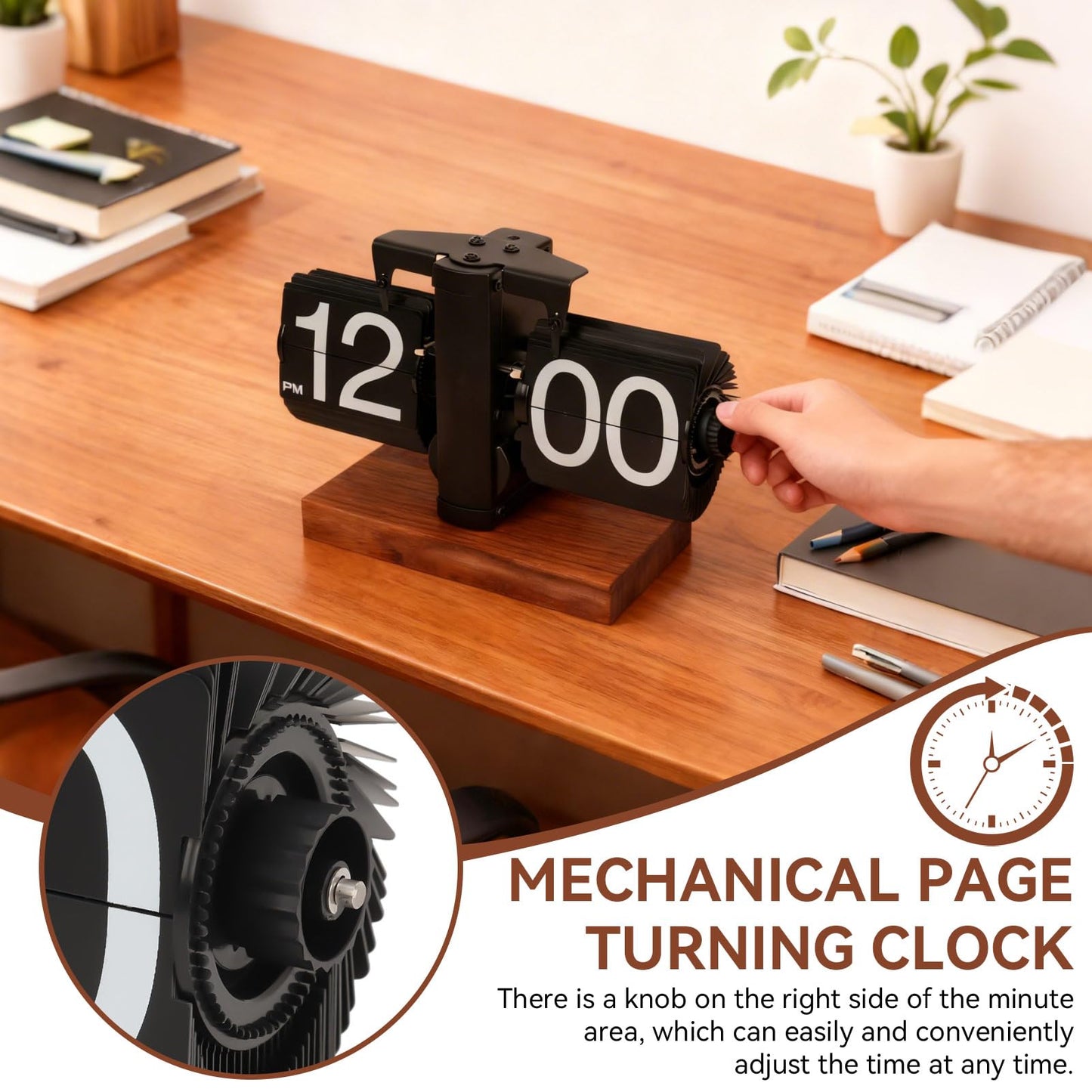Retro Flip Clock for Desk, Mechanical Clock Digital Flip Down Clock Retro Automatic Turning Large Number Battery Powered Flip Desk Clock Internal Gear Operated for Home Office Decor