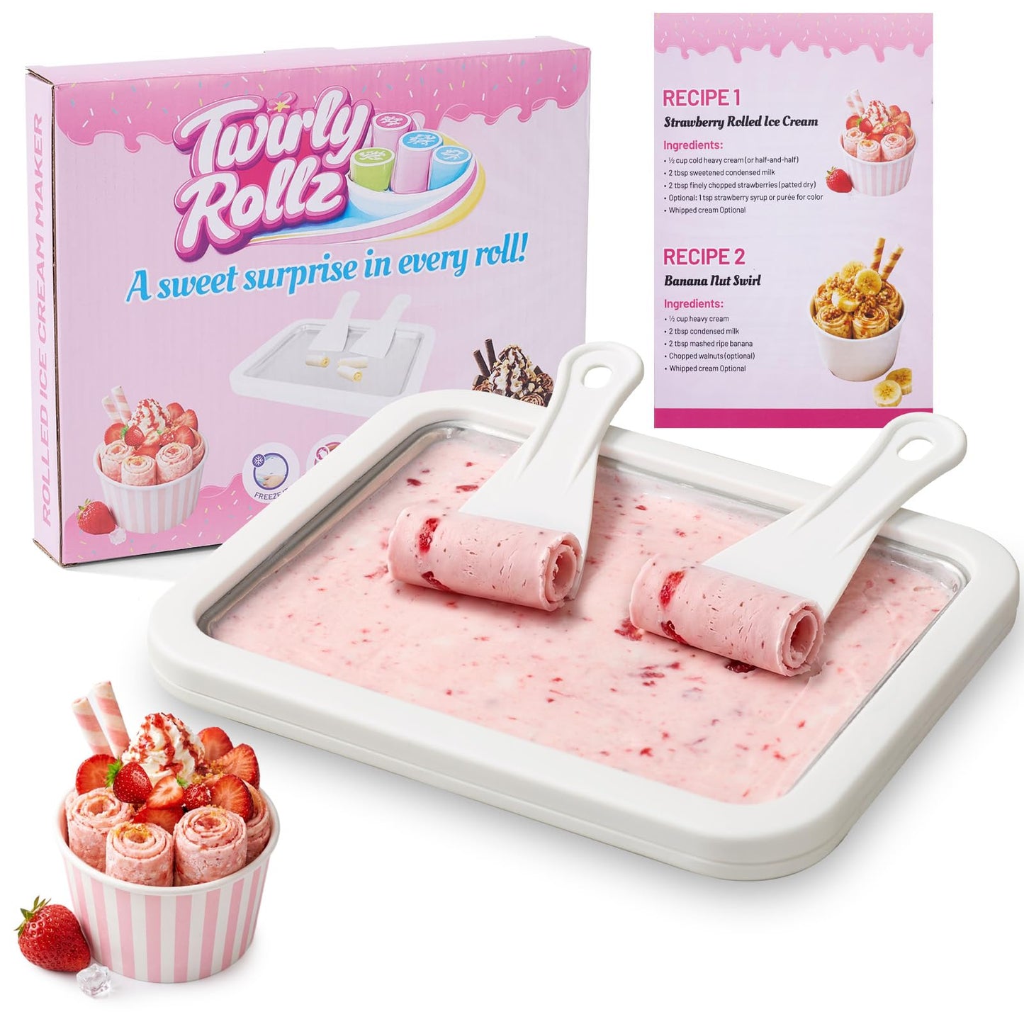 Premium Rolled Ice Cream Maker Kit with Recipe Book, Stainless Steel Freeze Tray, 2 Food Grade Spatulas & Gift Ready Packaging. Electricity-free Homemade Instant Ice Cream Roll Maker