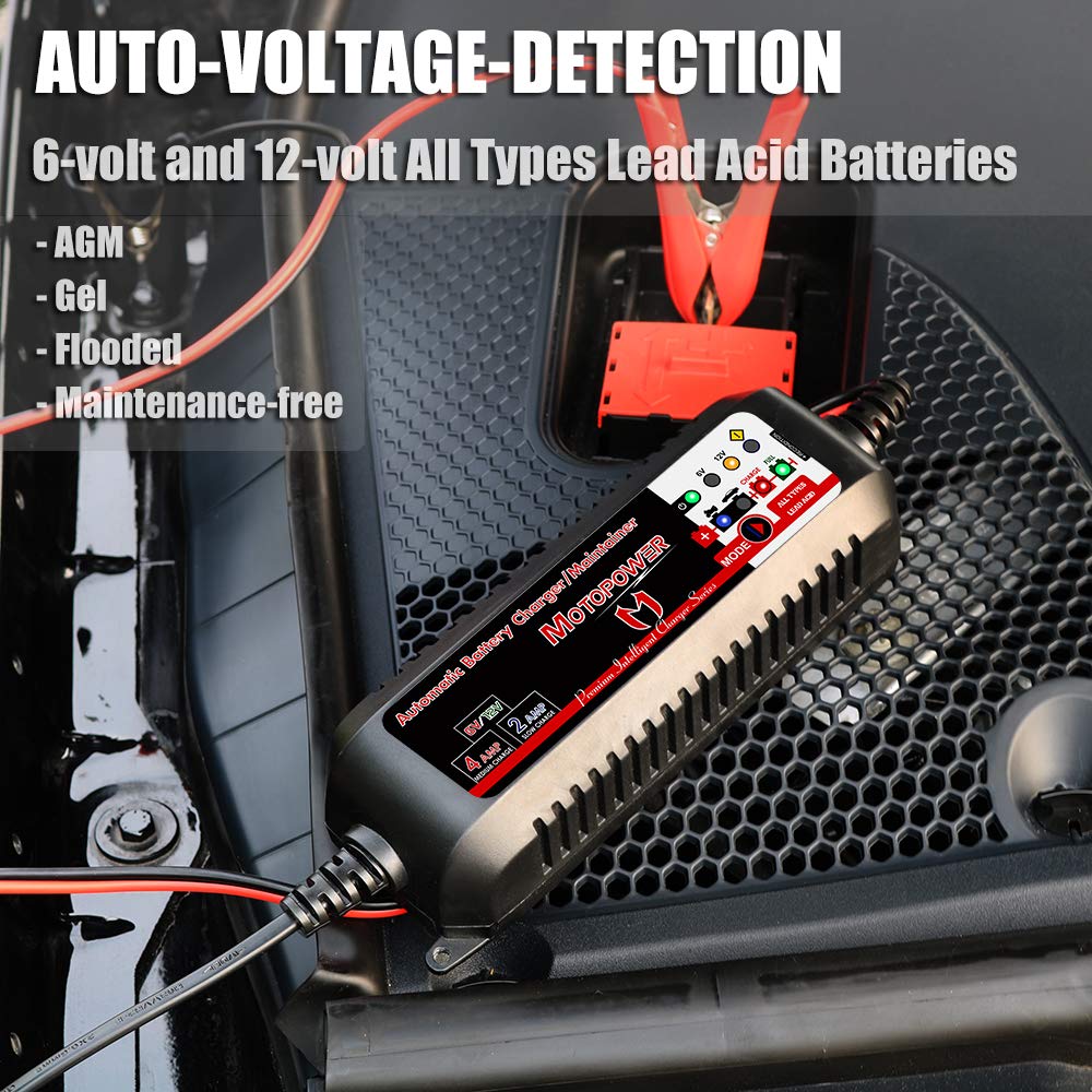 MOTOPOWER MP00207 6V / 12V 4AMP Fully Automatic Smart Battery Charger Maintainer Rescure for All Types Lead Acid Batteries of Car, Motorcycle, Boat - Battery Recover Mode