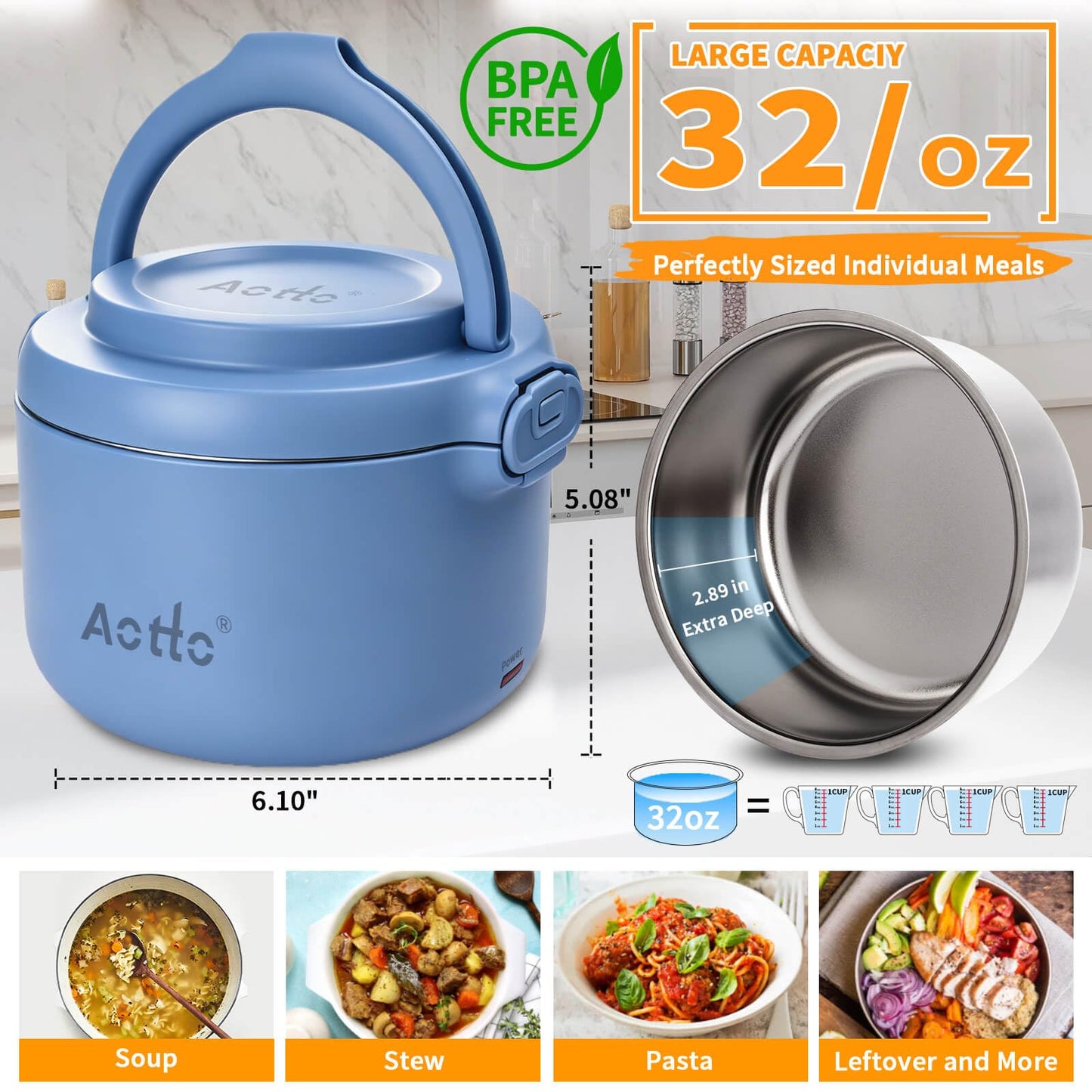 Aotto Electric Lunch Box, 12V 24V 110V 3 in 1 Portable Food Warmer Heated Lunch Boxes for Adults, 32oz Leakproof, Lunch Warmer & Food Heater for Travel, Car, Truck, Office Use - Blue