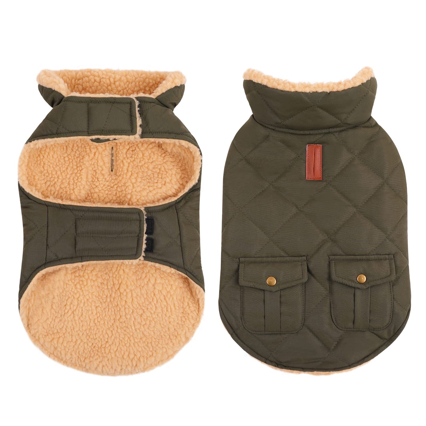 Queenmore Warm Dog Coat, Cold Weather Puffer Dog Jacket with Ultra Thick Plush Lining, Storage Pockets (Green, Large)