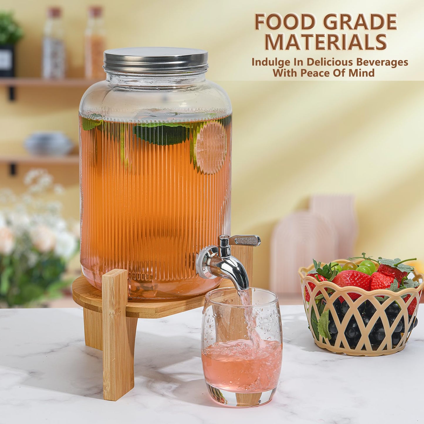 Hiziwimi 2 Pack Beverage Dispenser with Banboo Stand - 1 Gallon Glass Drink Dispenser for Parties with Spigot Solid Stainless Steel, Used As Iced or Hot Lemonade Juice Punch Dispenser