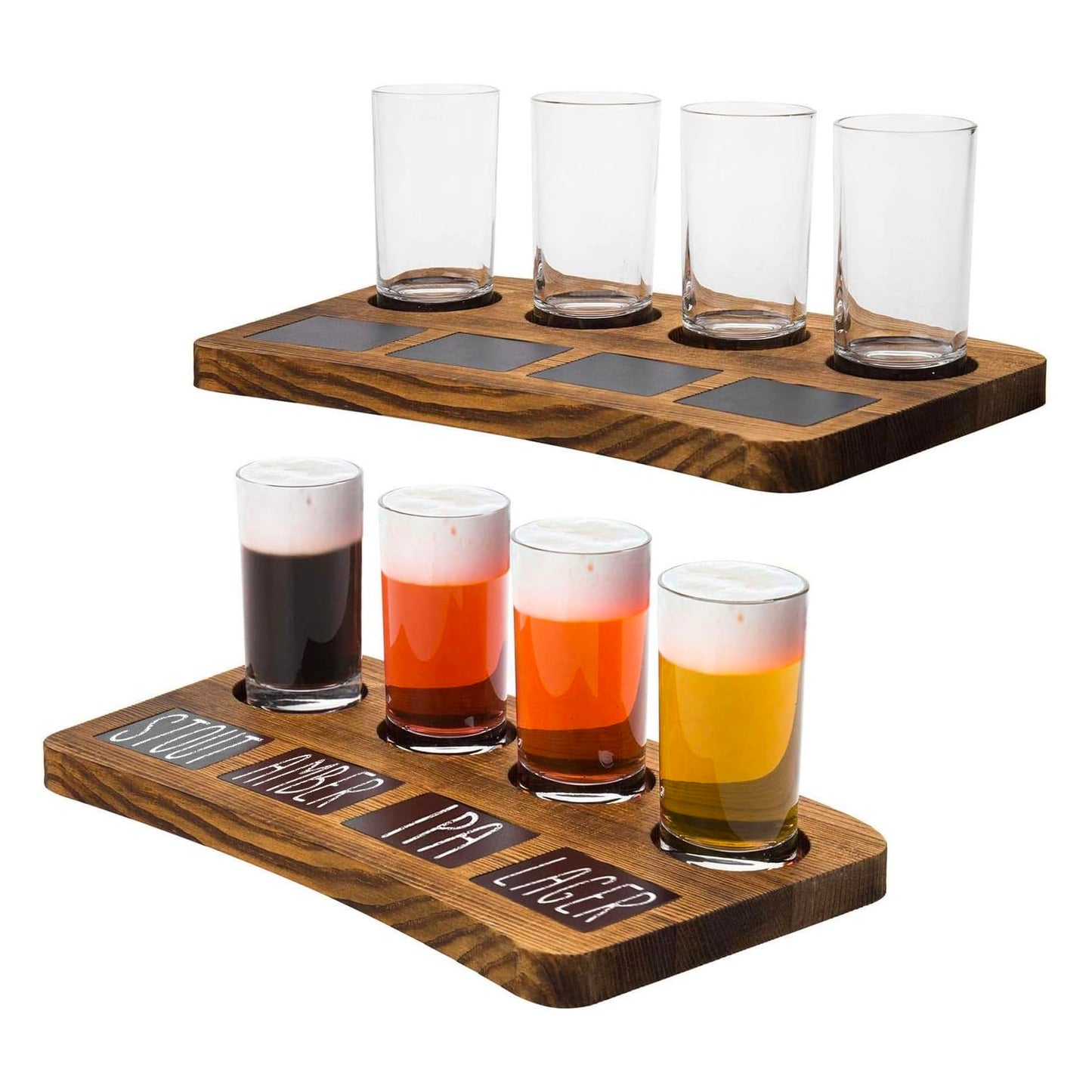 MyGift 4-Glass Dark Brown Wood Beer Flight Sampler Serving Tray with Chalkboard Labels, Set of 2