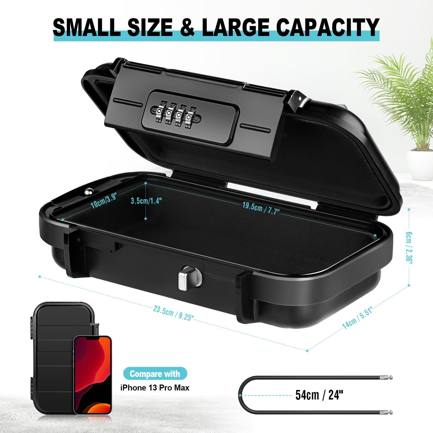 BKNOOU Travel Safe Portable Beach Safe Box Small Combination Safe Anti-Theft Lock Box Safe Waterproof Mini Security Case with Removable Wire Rope Security Box for Home,Office,Hotel,Cars,Travel (Black)