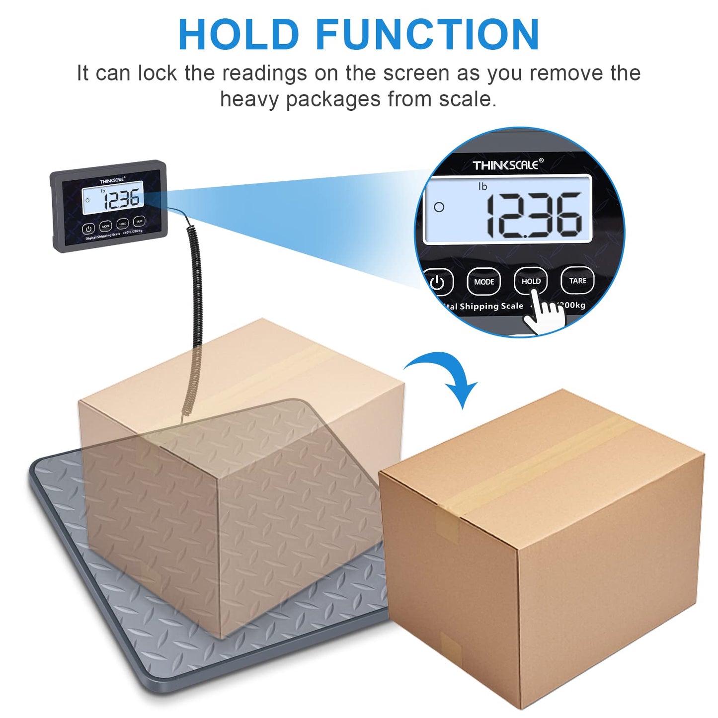 THINKSCALE 440 lbs/1 oz Highly Accurate Shipping Scale, Lightweight Postal Scale with Hold/Tare, Digital Postage Scale for Packages/Business/UPS USPS Post Office/Dog, Battery & AC Adapter Included