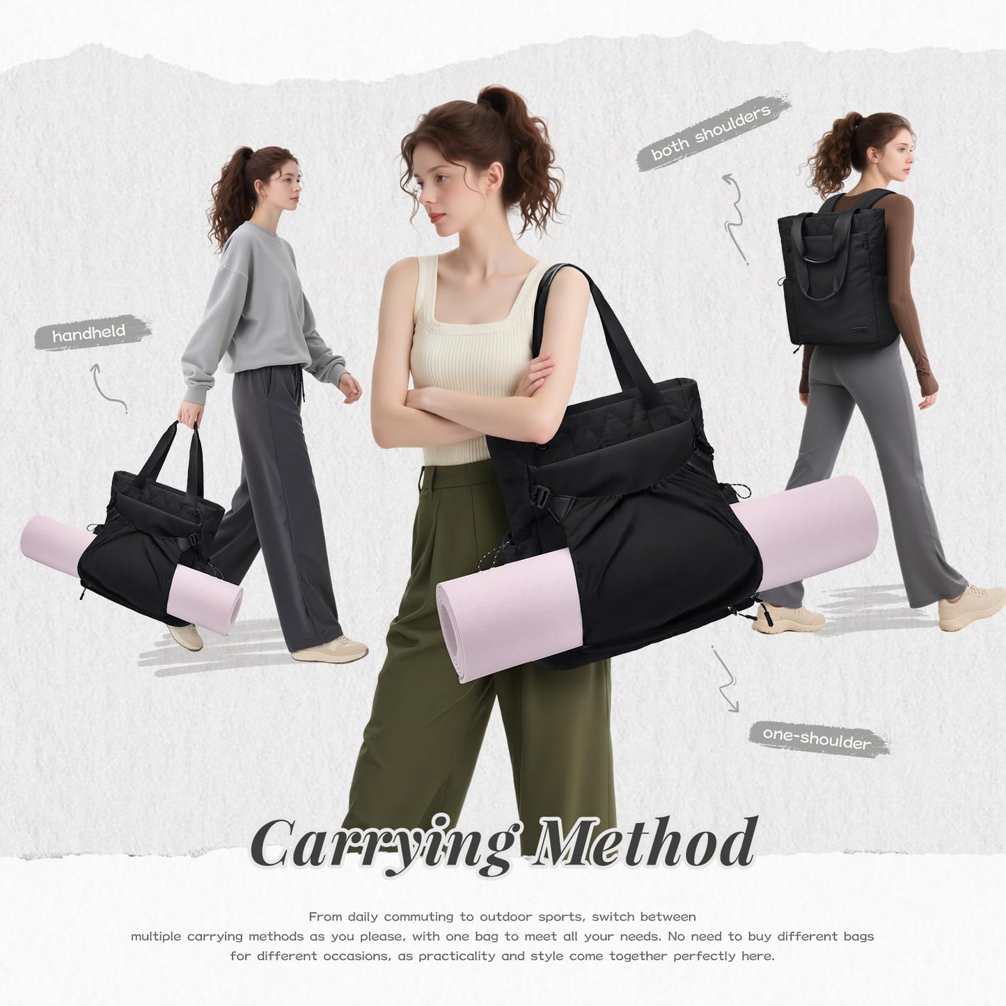 Convertible Laptop Backpack Yoga Sports Bag Quilted Tote Bag, Yoga Mat Carrier Bag for Travel, Fitness, Office and Shopping (Black)