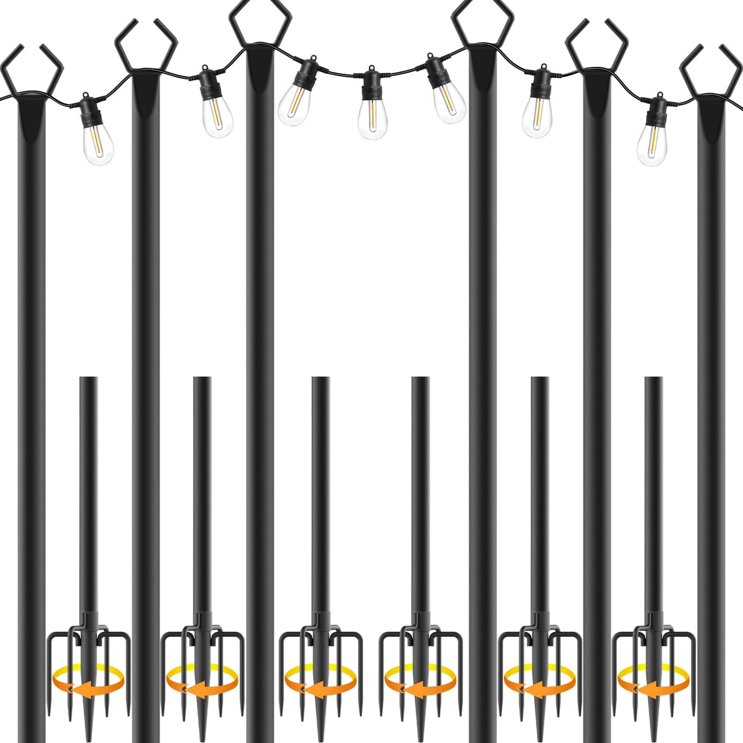 6 Pack 10 ft Heavy Duty Metal String Light Poles Adjustable Outdoor Lighting Stand for Patio,Backyard,Garden,Party & Wedding Rustproof & Sturdy with Hooks (6 Pack)