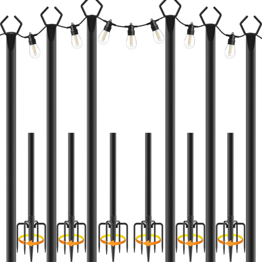 6 Pack 10 ft Heavy Duty Metal String Light Poles Adjustable Outdoor Lighting Stand for Patio,Backyard,Garden,Party & Wedding Rustproof & Sturdy with Hooks (6 Pack)